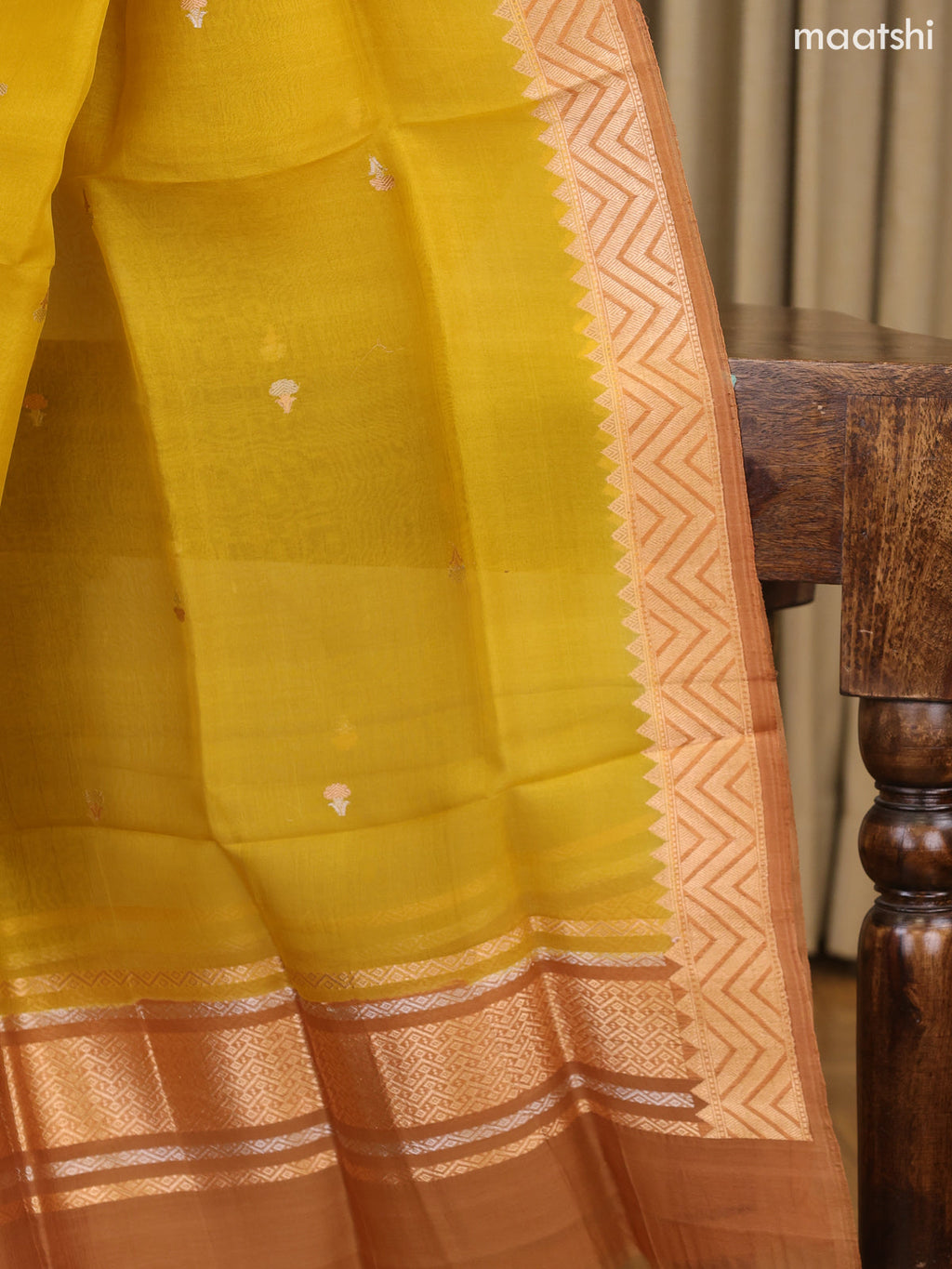Dark Sandal and Yellow Matka Tussar Dress Material With Woven Buttas and Bottom & Organza Dupatta