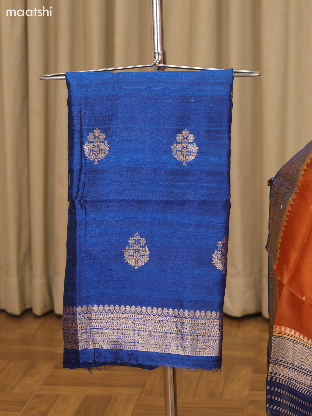 Peacock Blue and Rustic Orange Matka Tussar Dress Material With Woven Buttas and Bottom & Organza Dupatta