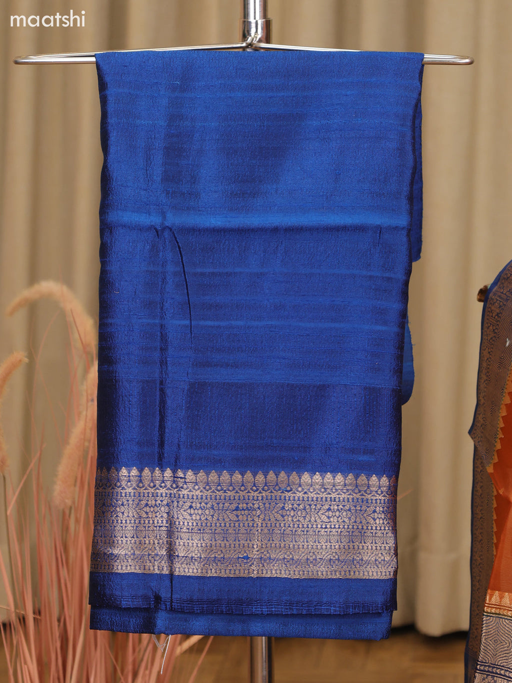 Peacock Blue and Rustic Orange Matka Tussar Dress Material With Woven Buttas and Bottom & Organza Dupatta