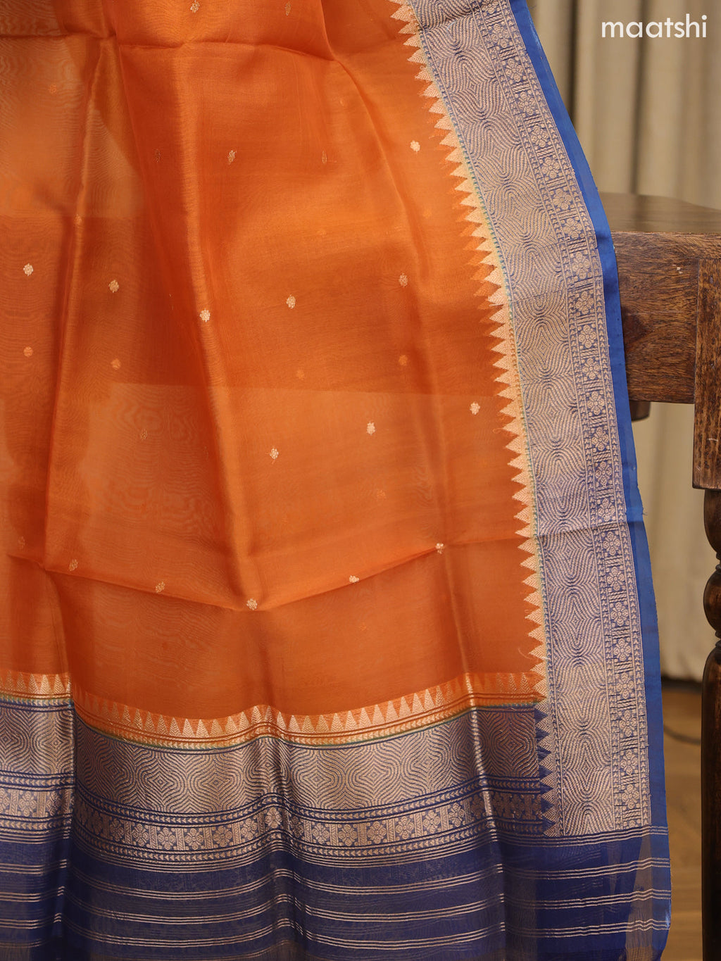 Peacock Blue and Rustic Orange Matka Tussar Dress Material With Woven Buttas and Bottom & Organza Dupatta