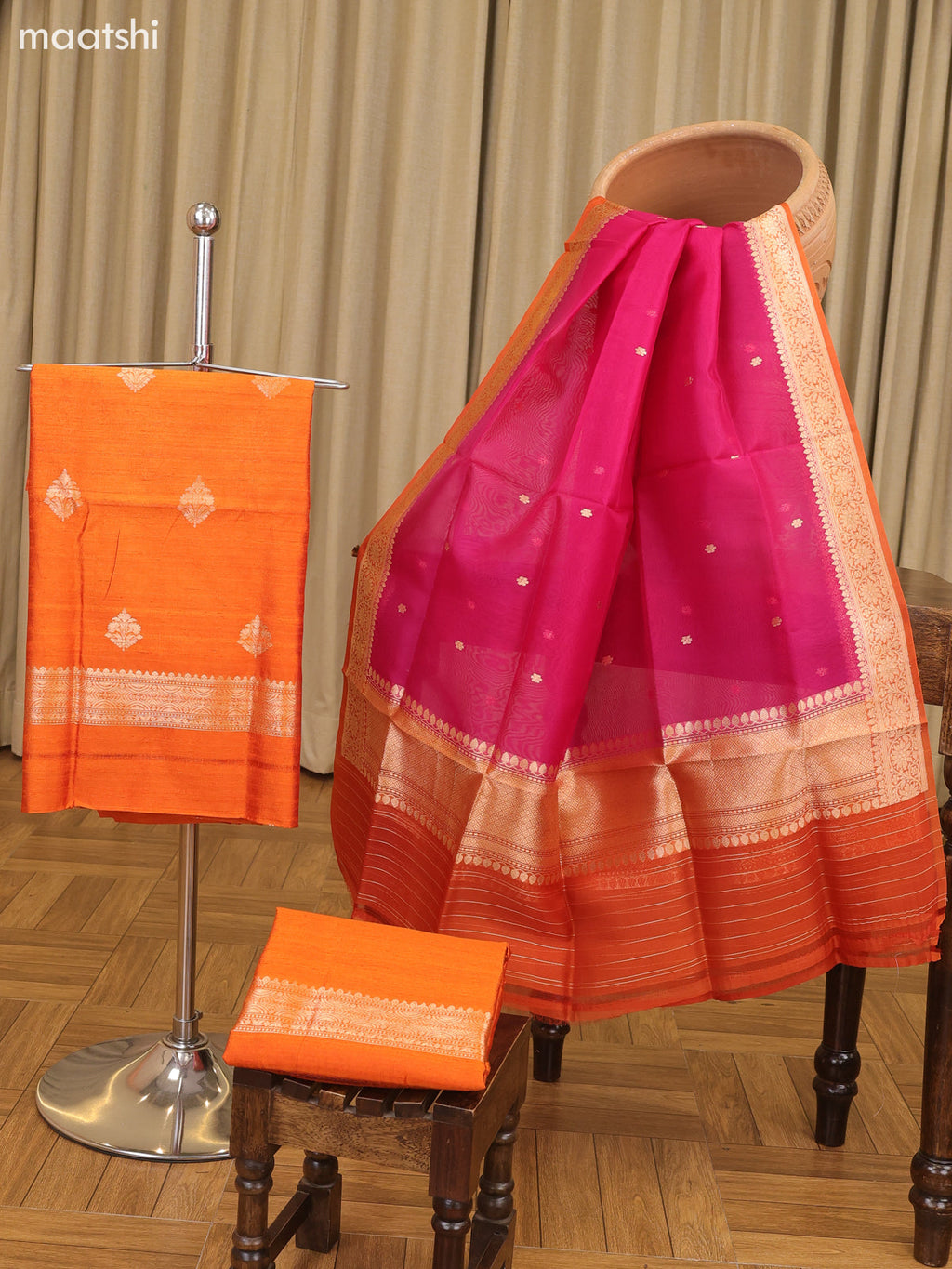 Orange and Magenta Pink Matka Tussar Dress Material With Woven Buttas and Bottom & Organza Dupatta