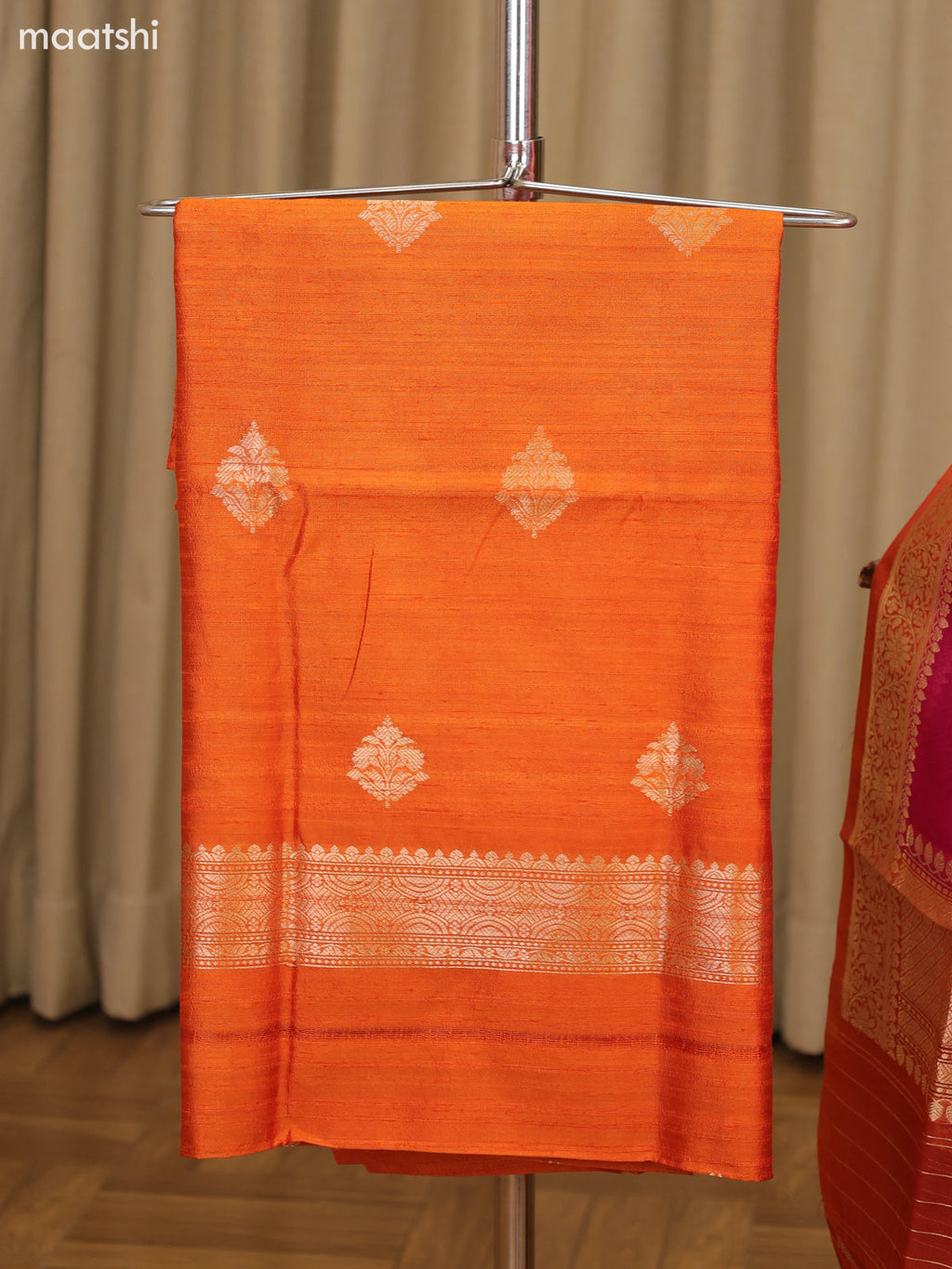 Orange and Magenta Pink Matka Tussar Dress Material With Woven Buttas and Bottom & Organza Dupatta