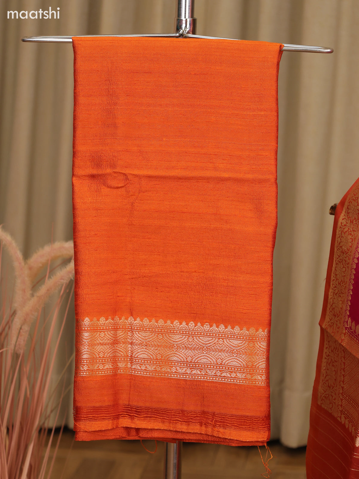 Orange and Magenta Pink Matka Tussar Dress Material With Woven Buttas and Bottom & Organza Dupatta