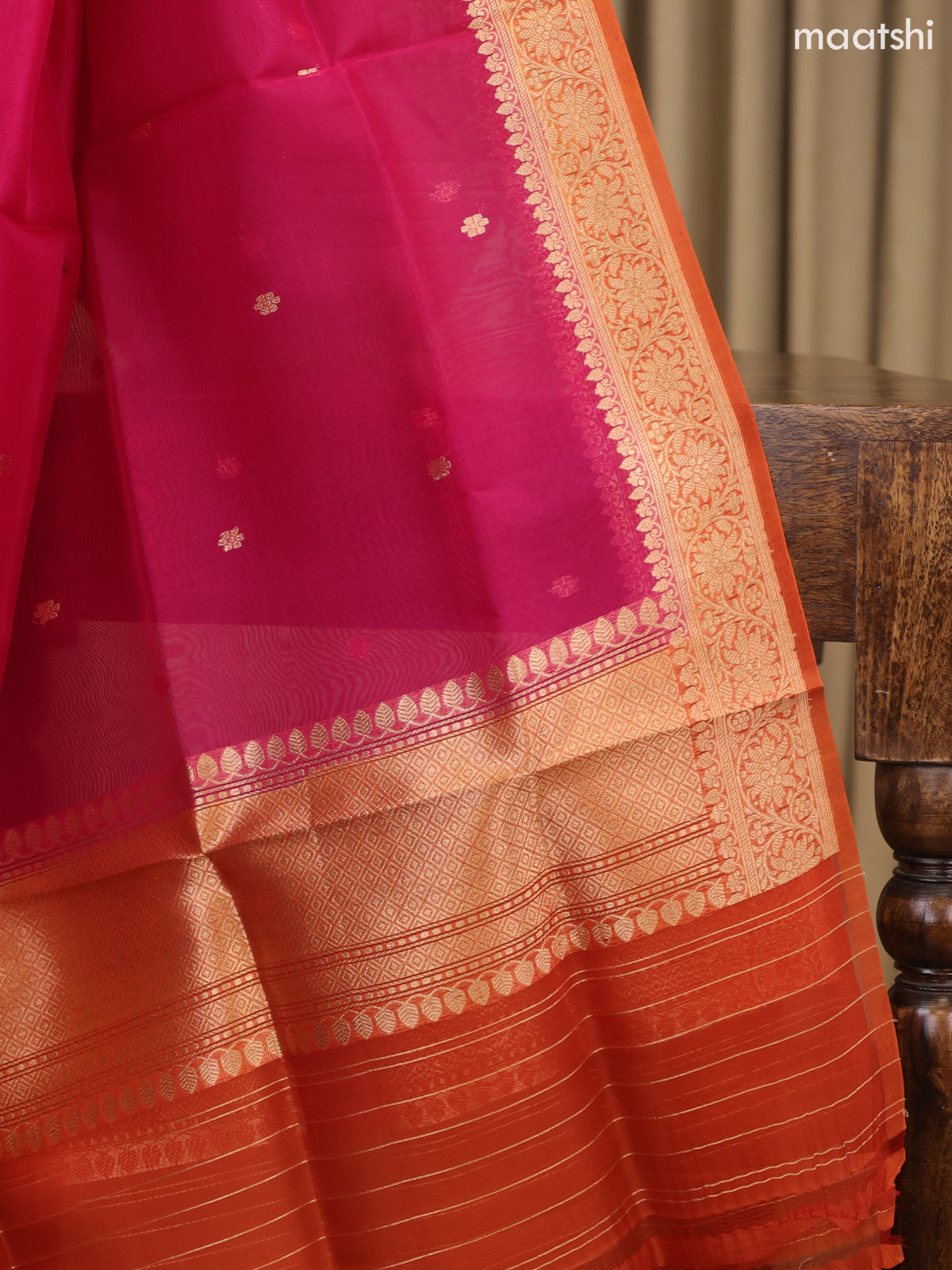Orange and Magenta Pink Matka Tussar Dress Material With Woven Buttas and Bottom & Organza Dupatta