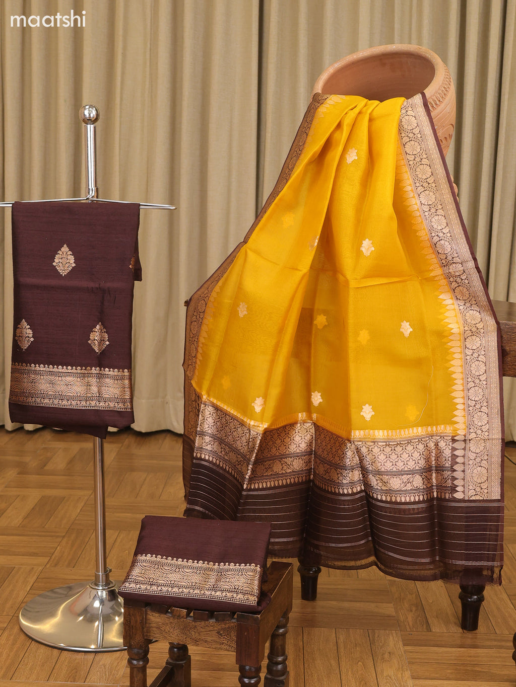 Coffee Brown and Yellow Matka Tussar Dress Material With Woven Buttas and Bottom & Organza Dupatta