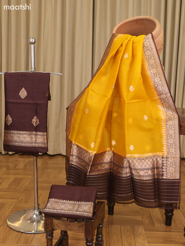 Coffee Brown and Yellow Matka Tussar Dress Material With Woven Buttas and Bottom & Organza Dupatta