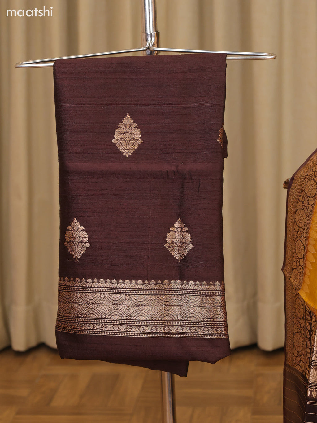 Coffee Brown and Yellow Matka Tussar Dress Material With Woven Buttas and Bottom & Organza Dupatta