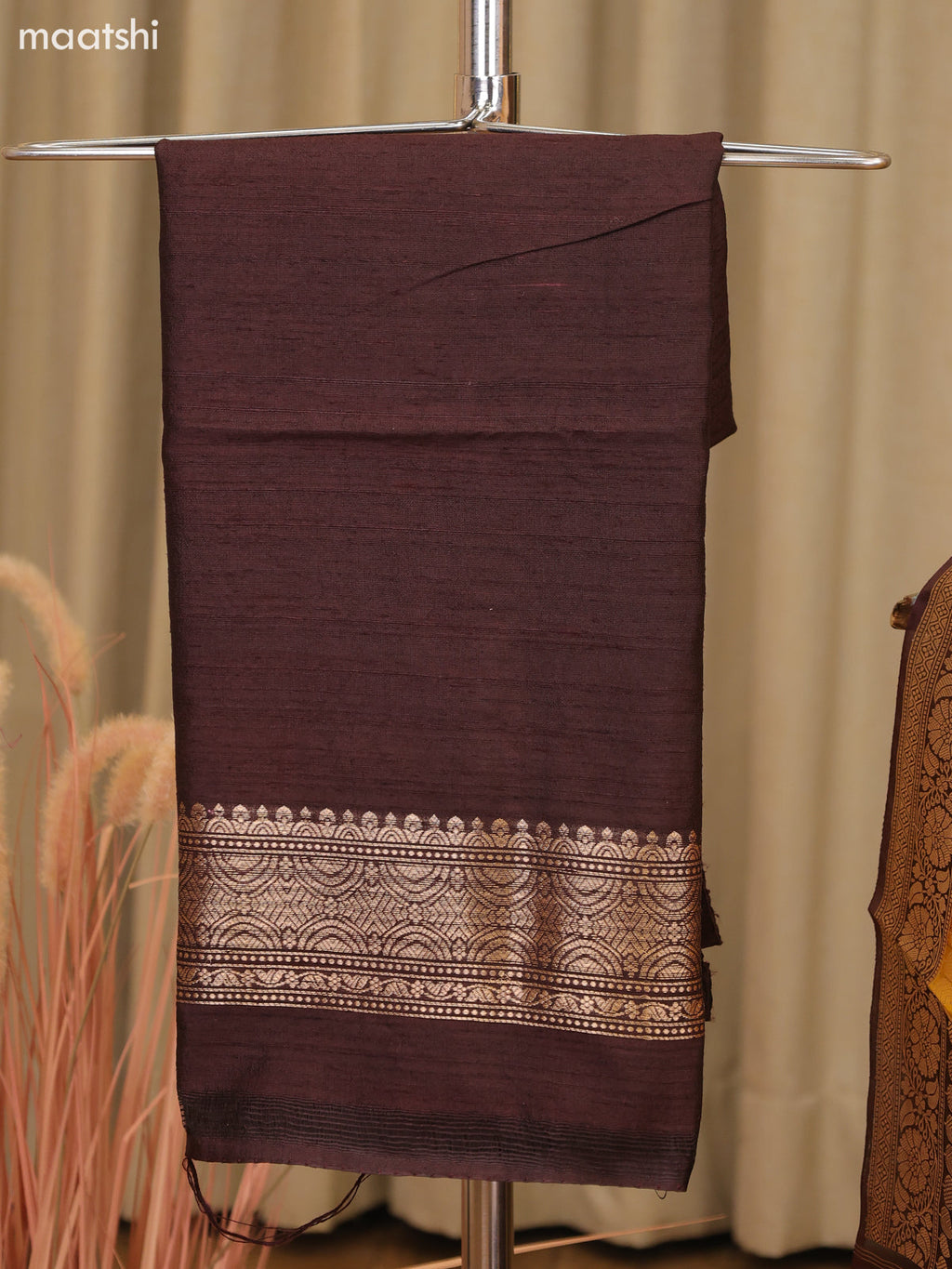 Coffee Brown and Yellow Matka Tussar Dress Material With Woven Buttas and Bottom & Organza Dupatta