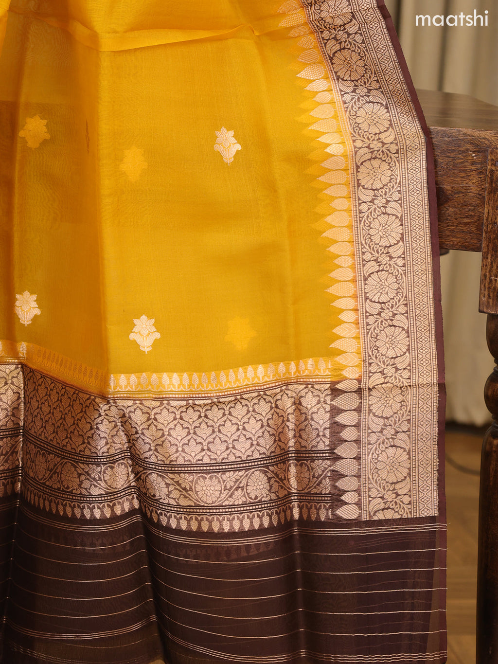 Coffee Brown and Yellow Matka Tussar Dress Material With Woven Buttas and Bottom & Organza Dupatta