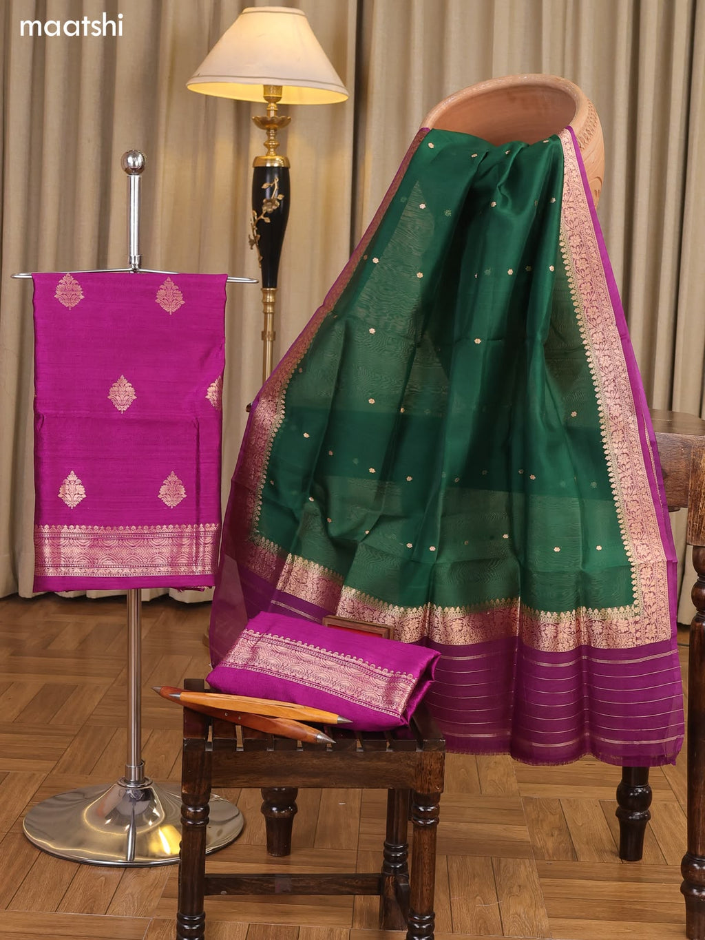 Purple and Green Matka Tussar Dress Material With Woven Buttas and Bottom & Organza Dupatta