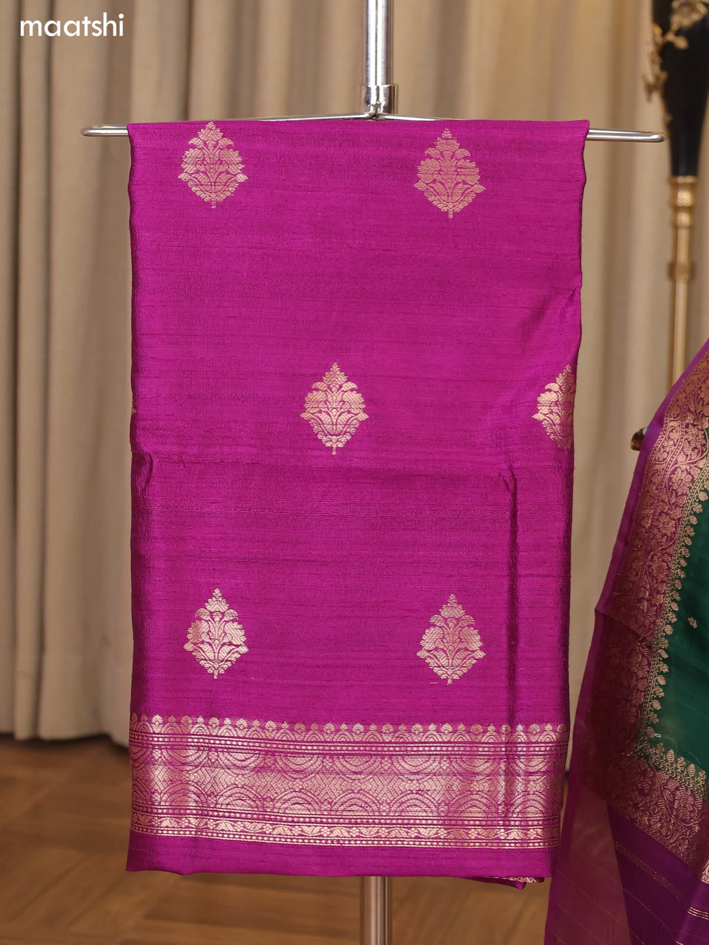 Purple and Green Matka Tussar Dress Material With Woven Buttas and Bottom & Organza Dupatta