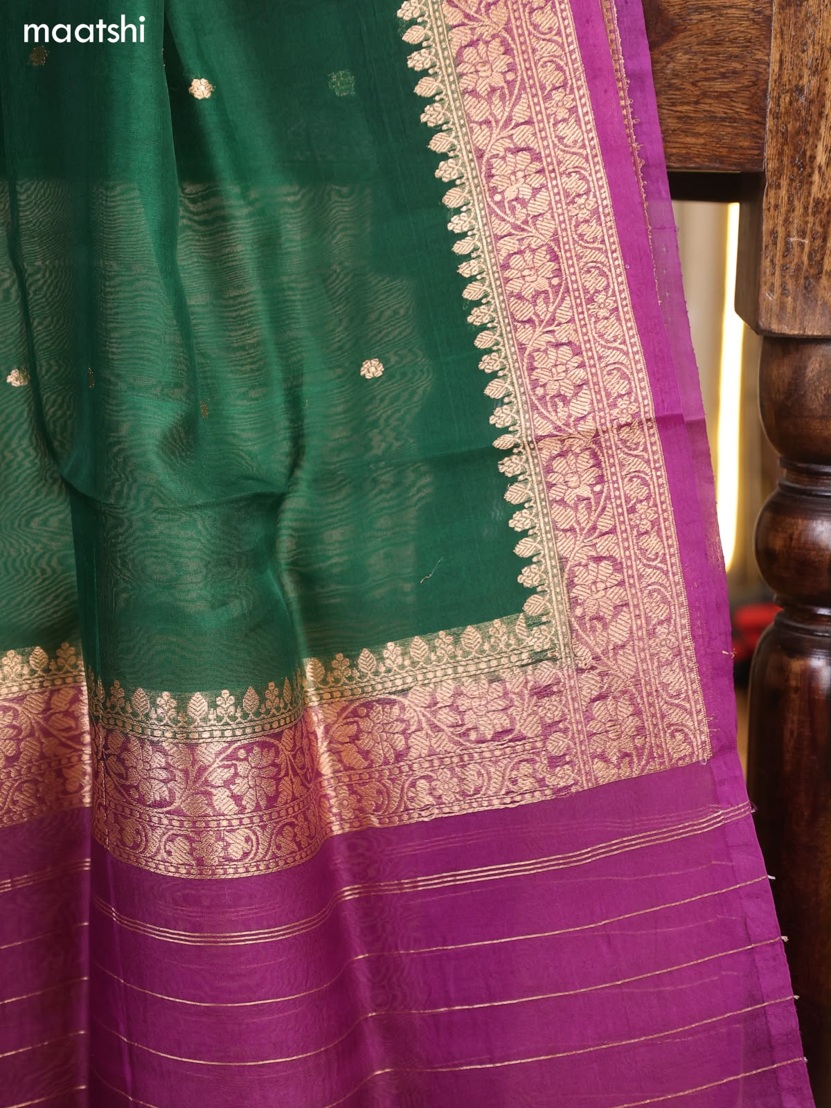Purple and Green Matka Tussar Dress Material With Woven Buttas and Bottom & Organza Dupatta