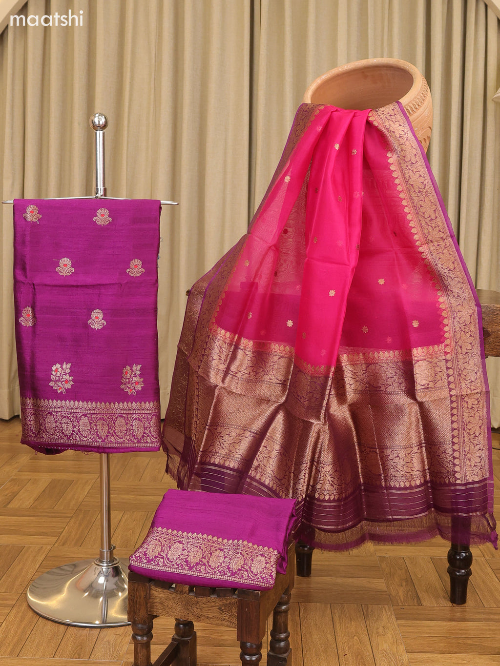 Dark Purple and Dark Pink Matka Tussar Dress Material With Woven Buttas and Bottom & Organza Dupatta