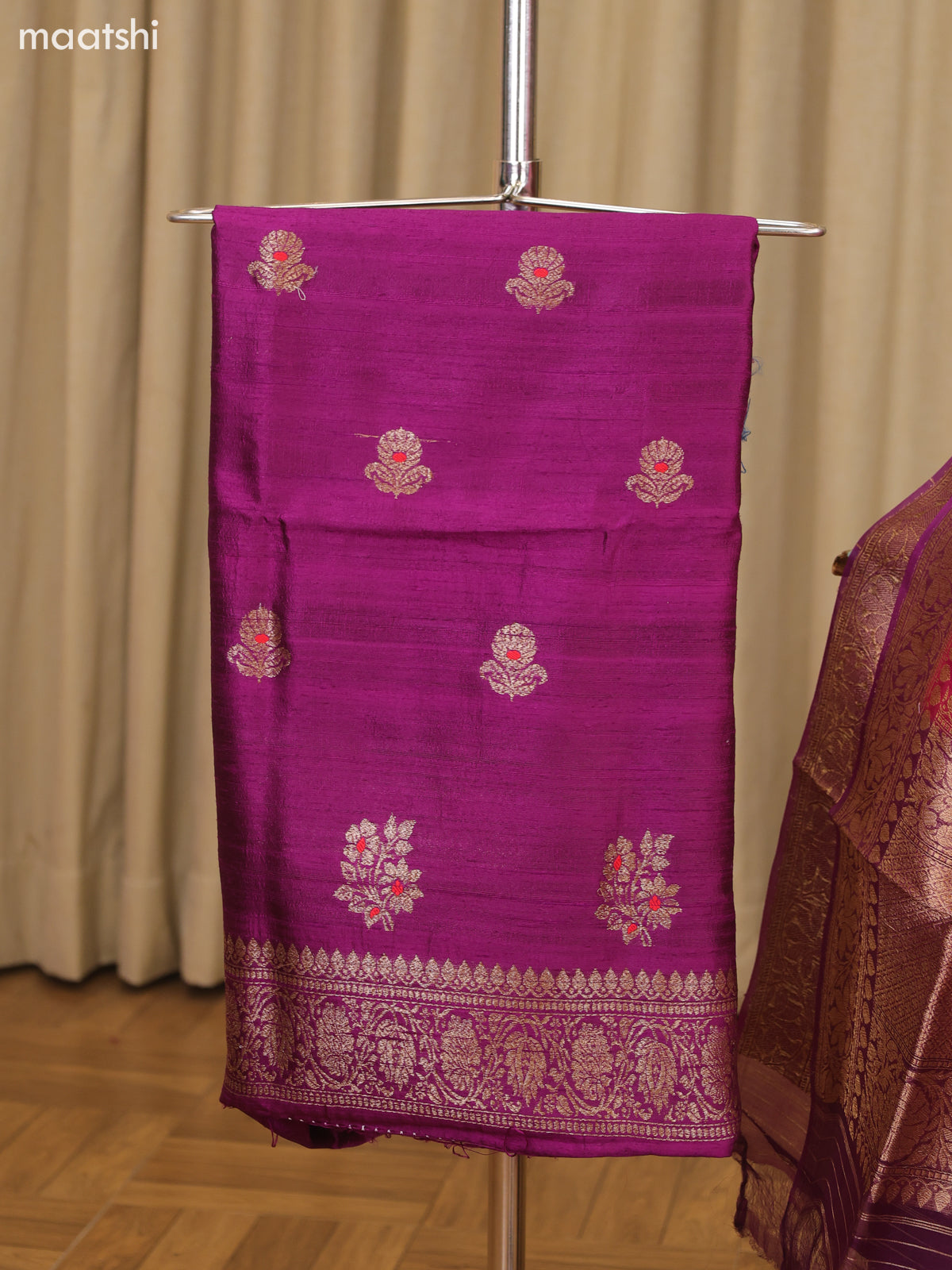 Dark Purple and Dark Pink Matka Tussar Dress Material With Woven Buttas and Bottom & Organza Dupatta