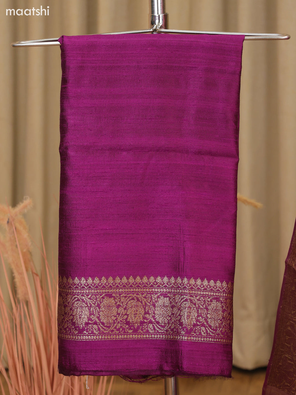 Dark Purple and Dark Pink Matka Tussar Dress Material With Woven Buttas and Bottom & Organza Dupatta