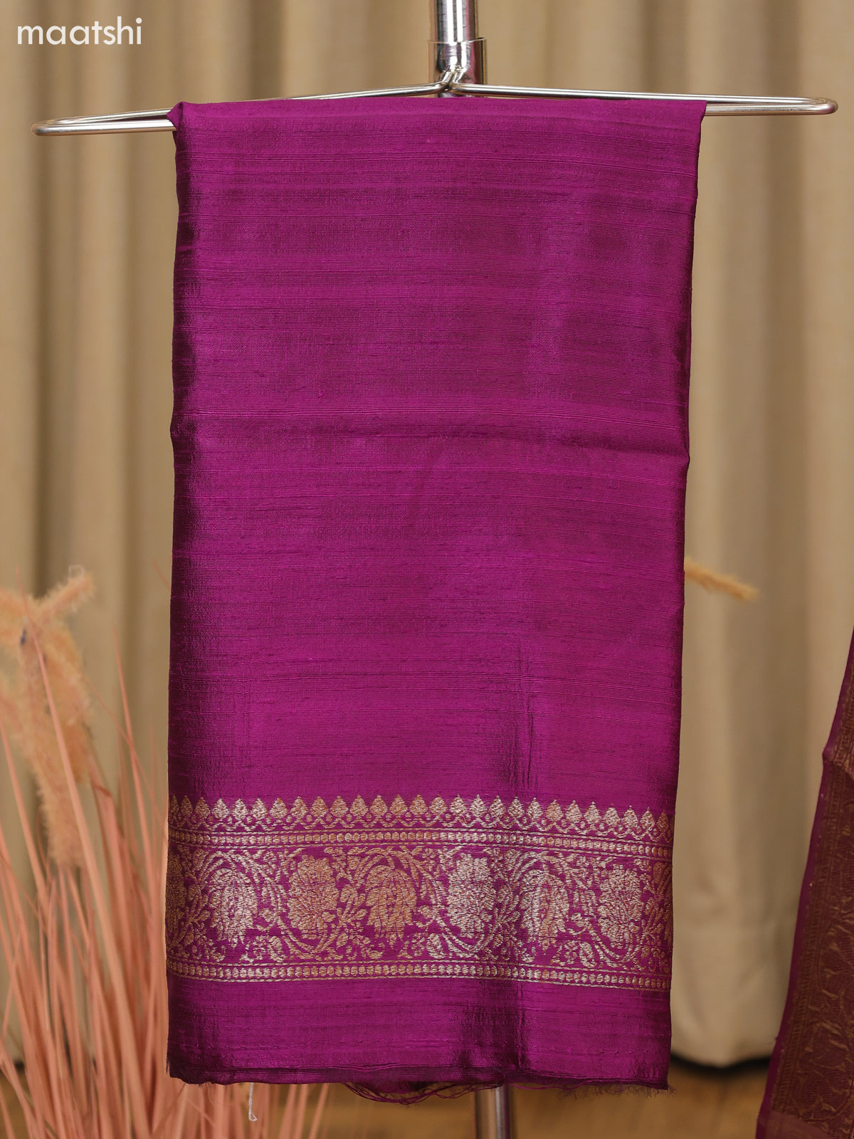 Dark Purple and Dark Pink Matka Tussar Dress Material With Woven Buttas and Bottom & Organza Dupatta