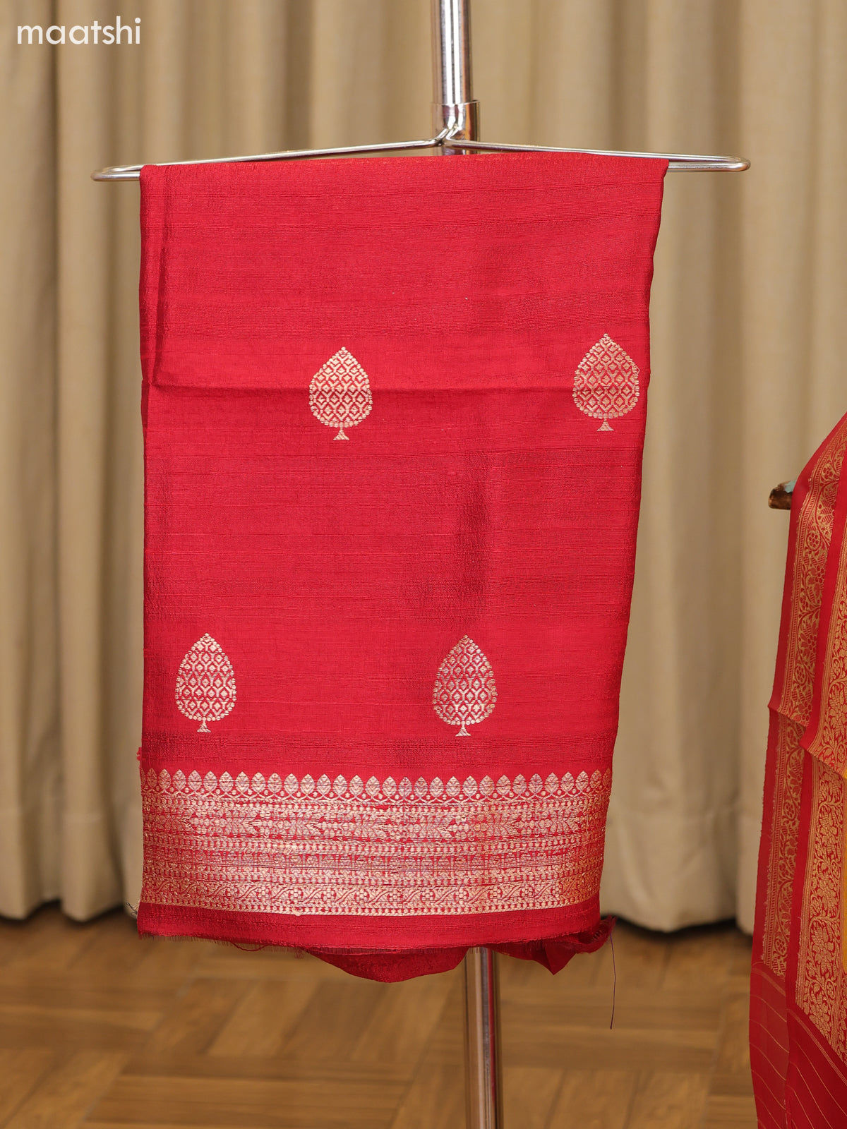 Ruby Red and Yellow Matka Tussar Dress Material With Woven Buttas and Bottom & Organza Dupatta