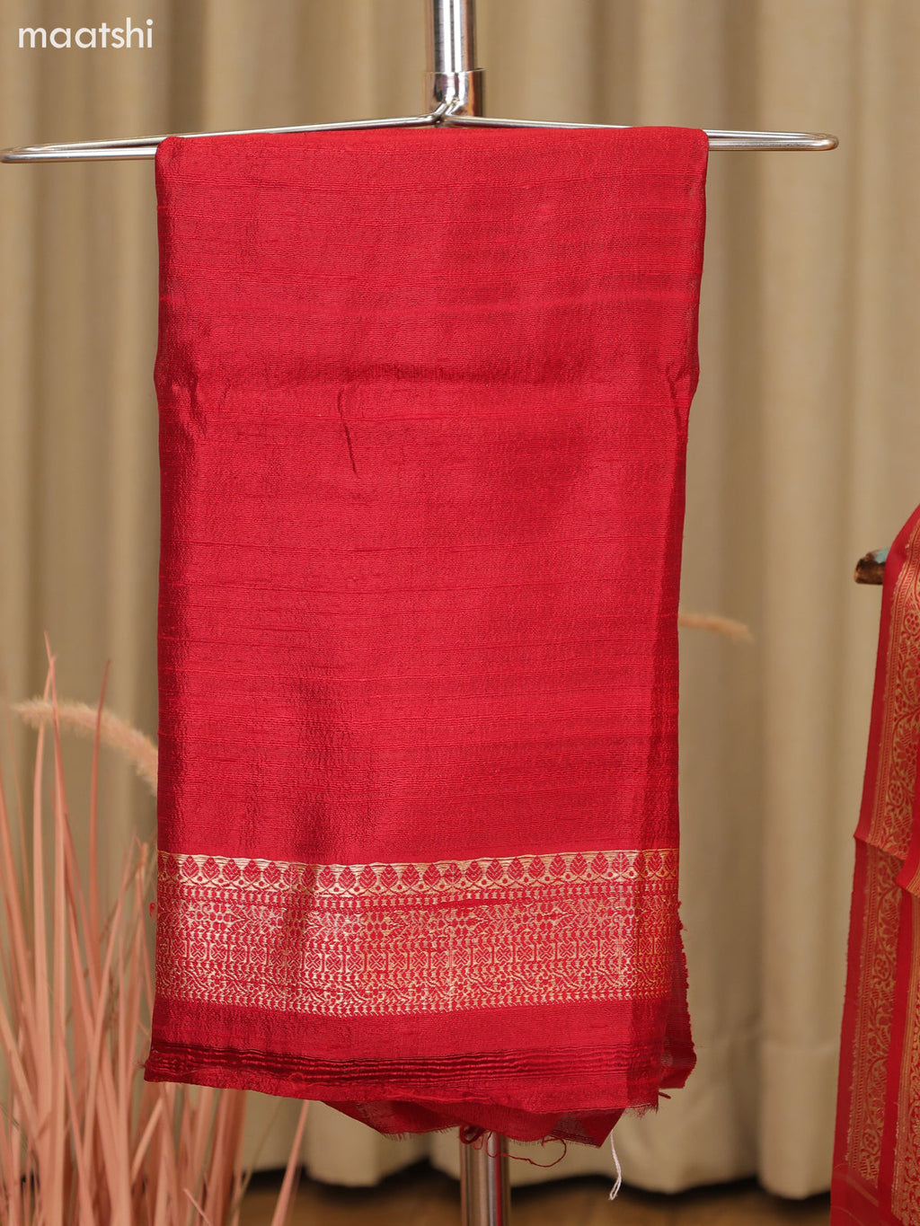 Ruby Red and Yellow Matka Tussar Dress Material With Woven Buttas and Bottom & Organza Dupatta