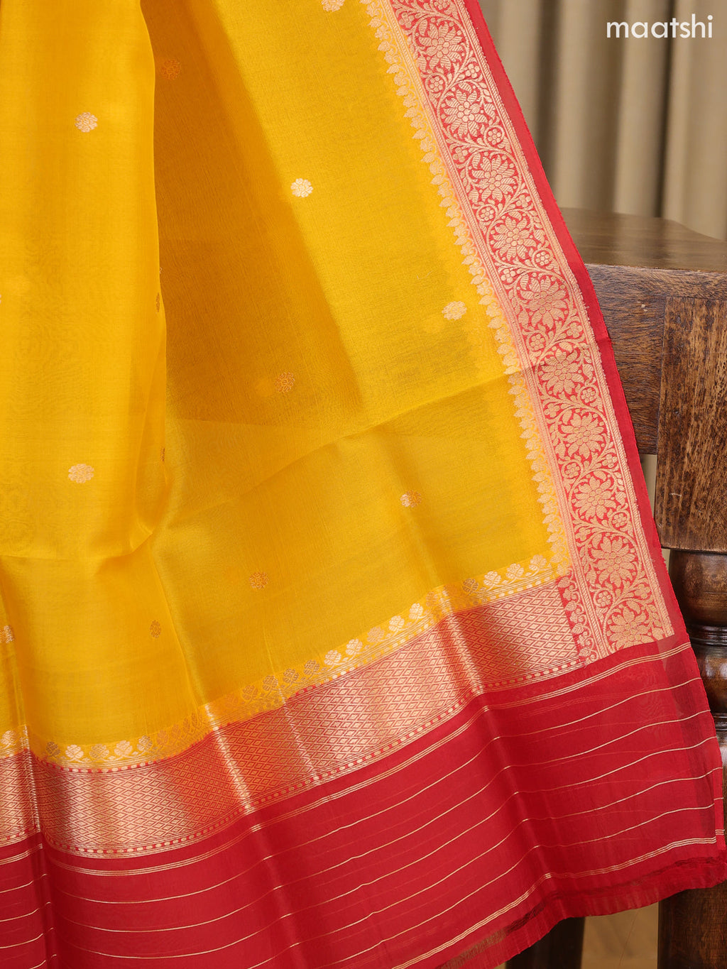 Ruby Red and Yellow Matka Tussar Dress Material With Woven Buttas and Bottom & Organza Dupatta