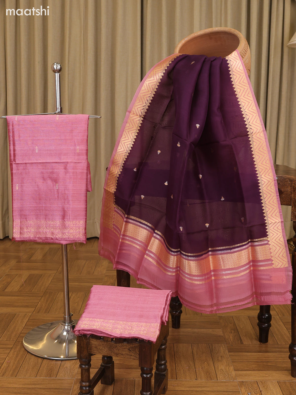 Pink and Dark Purple Matka Tussar Dress Material With Woven Buttas and Bottom & Organza Dupatta