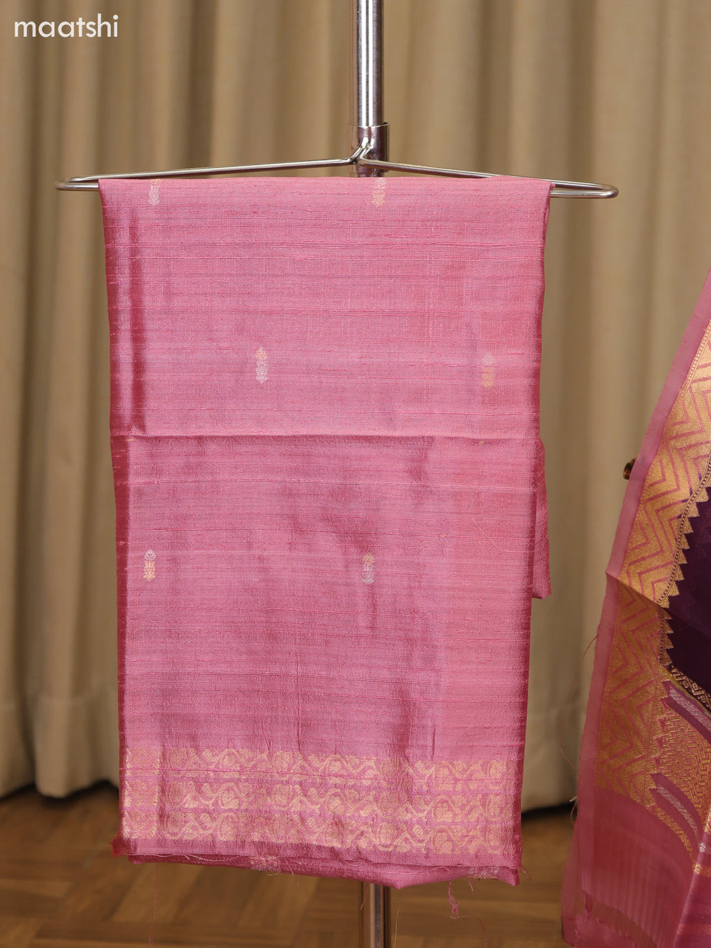Pink and Dark Purple Matka Tussar Dress Material With Woven Buttas and Bottom & Organza Dupatta