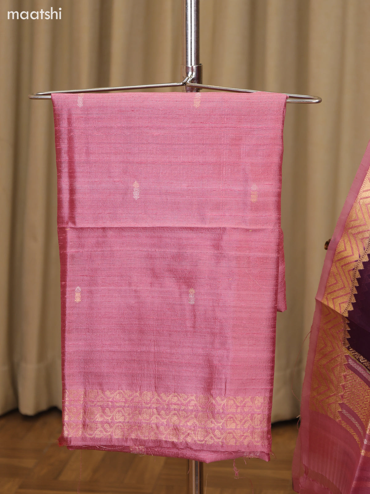Pink and Dark Purple Matka Tussar Dress Material With Woven Buttas and Bottom & Organza Dupatta