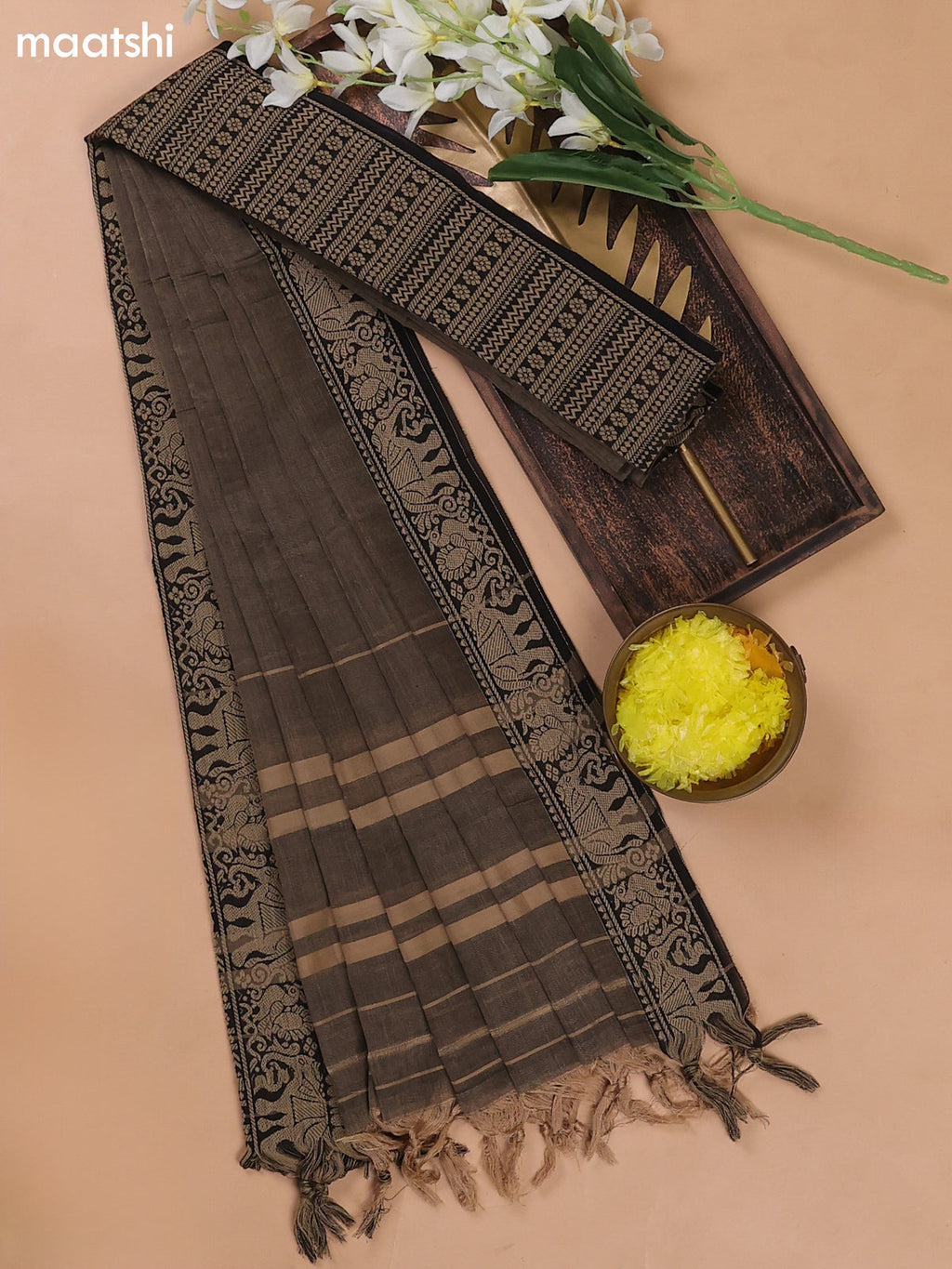 Chikku and Black Narayanpet Cotton Dress Materials With A Plain Body and Thread Woven Border