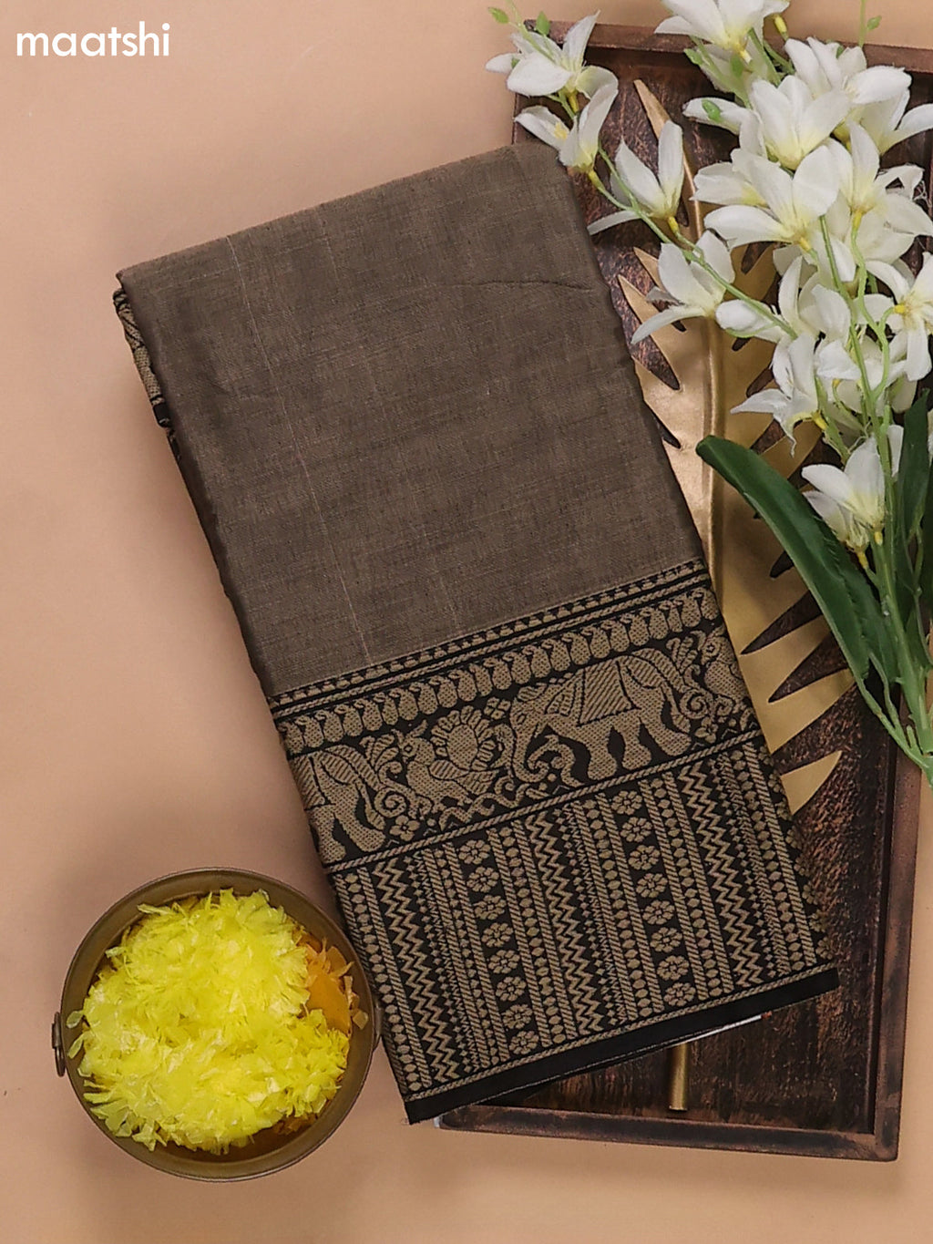 Chikku and Black Narayanpet Cotton Dress Materials With A Plain Body and Thread Woven Border