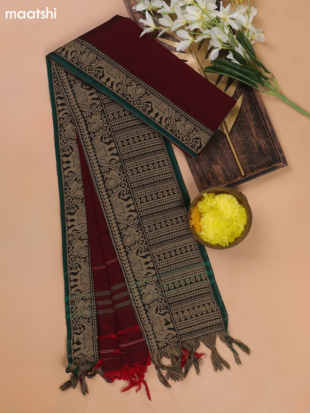 Marron and Green Narayanpet Cotton Dress Materials With A Plain Body and Thread Woven Border