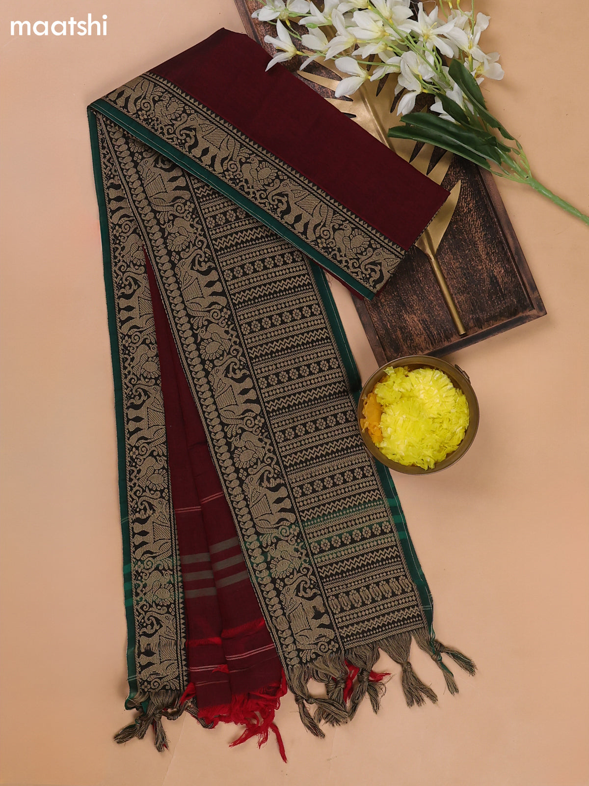 Marron and Green Narayanpet Cotton Dress Materials With A Plain Body and Thread Woven Border
