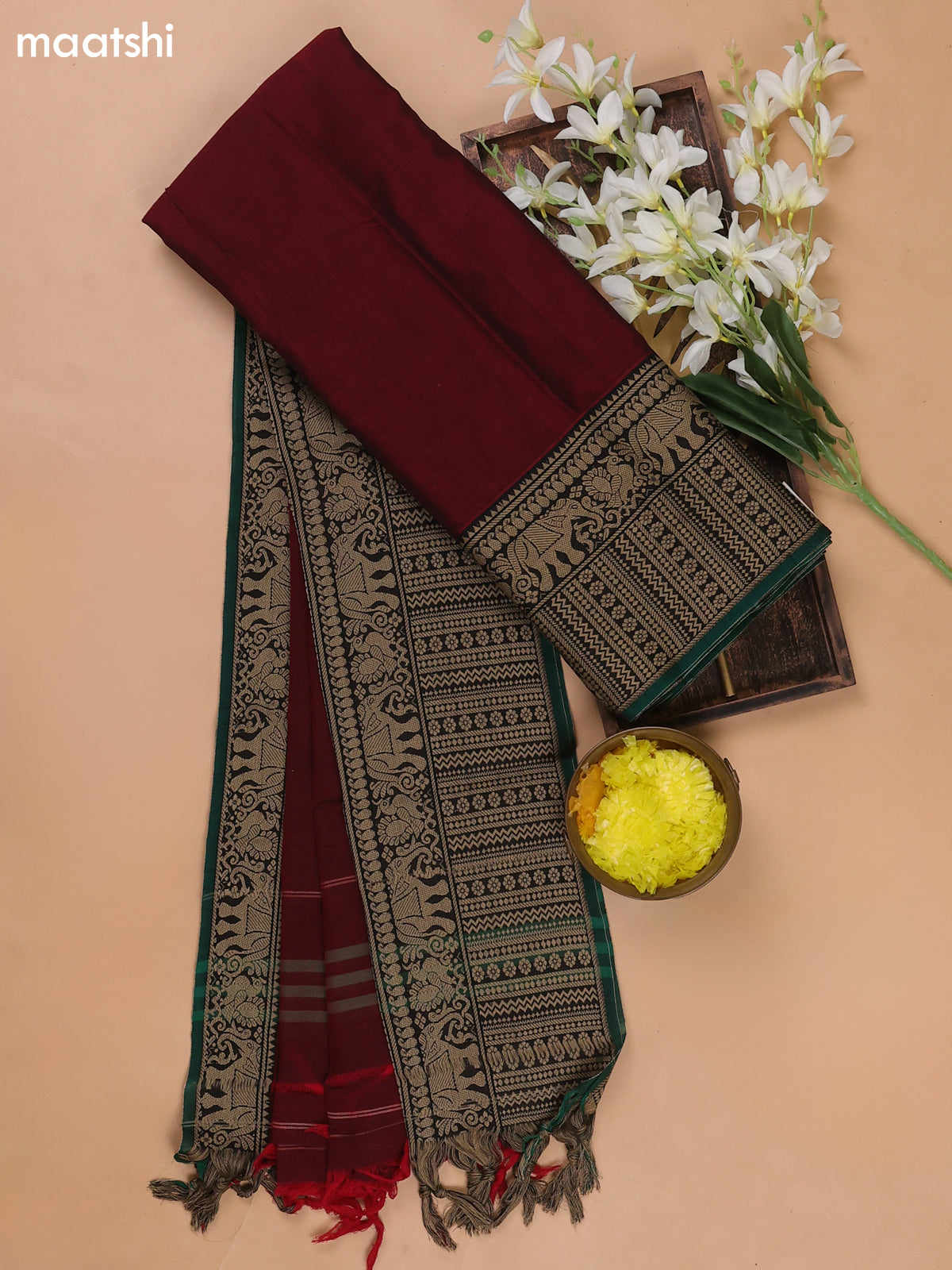 Marron and Green Narayanpet Cotton Dress Materials With A Plain Body and Thread Woven Border