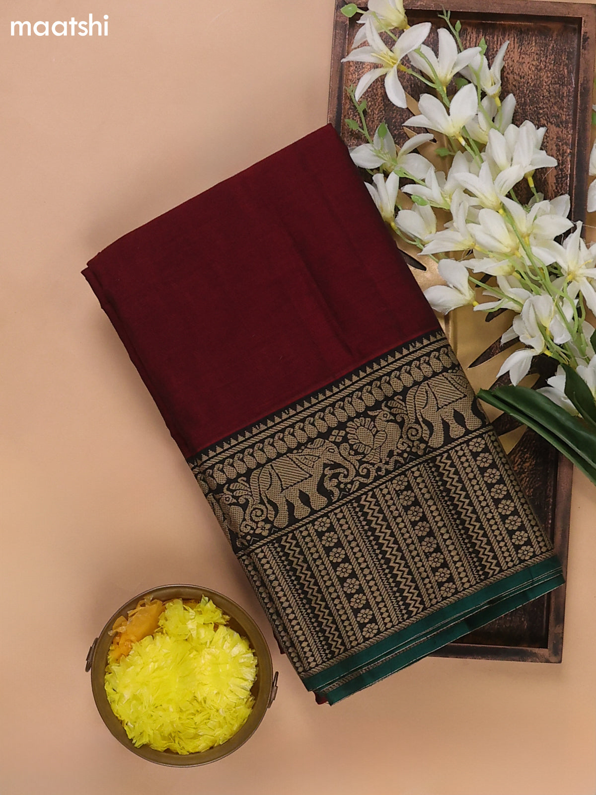 Marron and Green Narayanpet Cotton Dress Materials With A Plain Body and Thread Woven Border