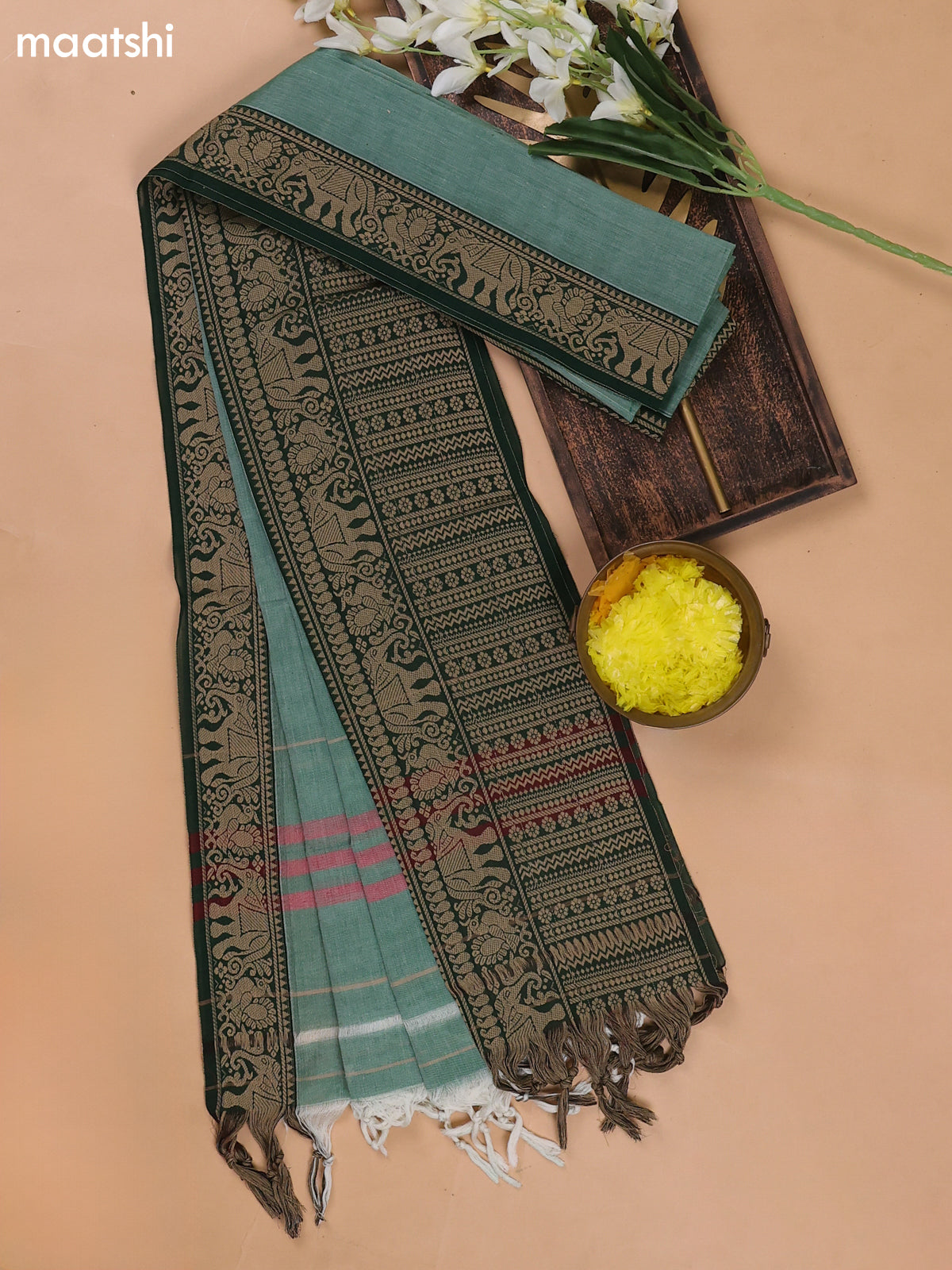 Green and Dark Green Narayanpet Cotton Dress Materials With A Plain Body and Thread Woven Border