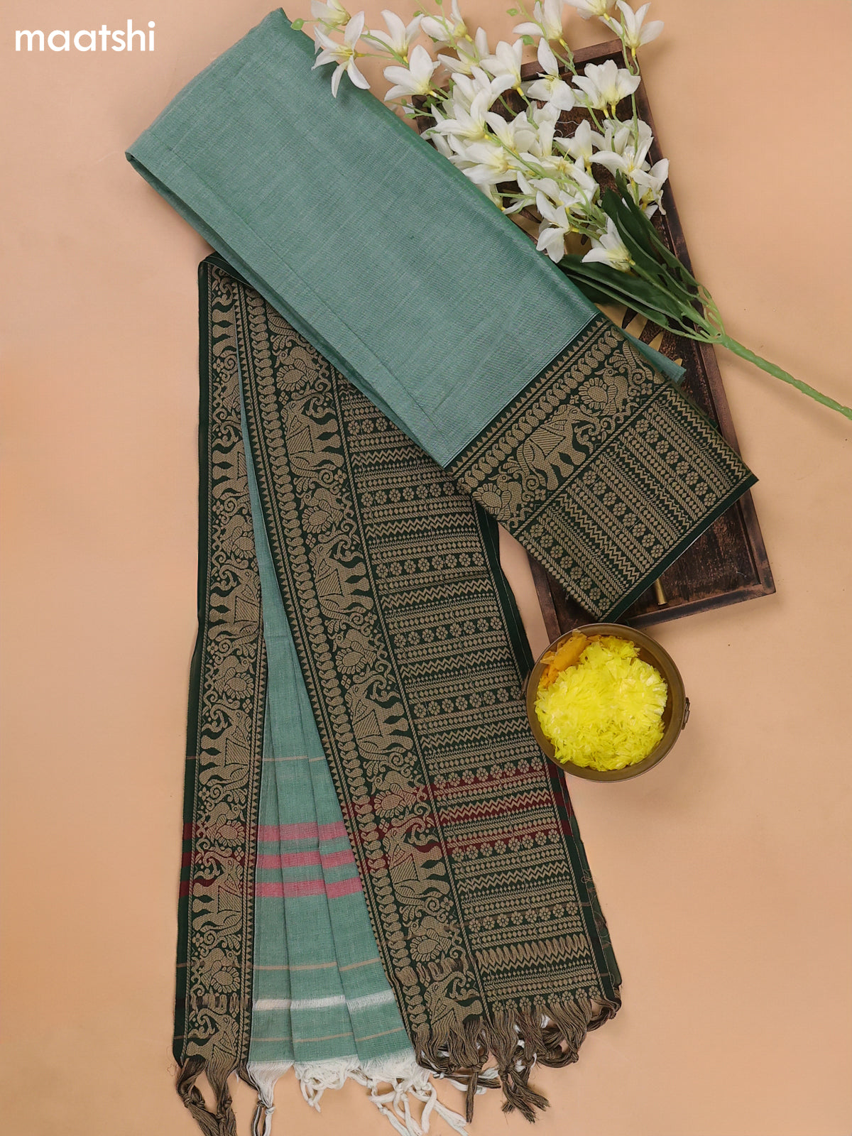 Green and Dark Green Narayanpet Cotton Dress Materials With A Plain Body and Thread Woven Border