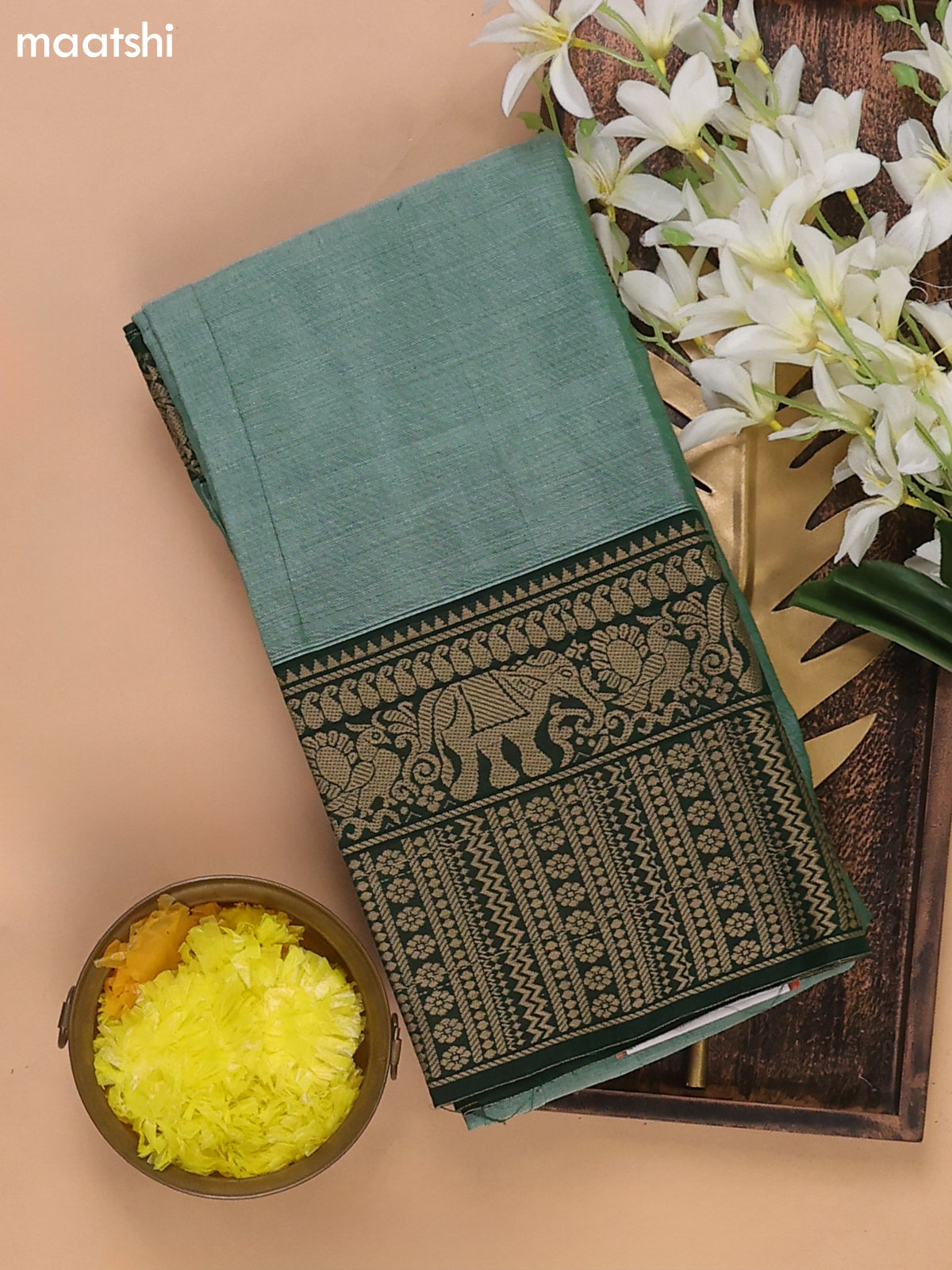 Green and Dark Green Narayanpet Cotton Dress Materials With A Plain Body and Thread Woven Border