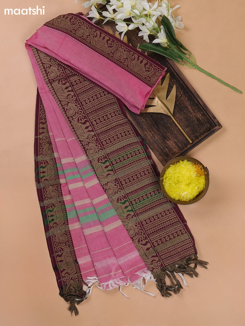Peach Pink and Magenta Pink Narayanpet Cotton Dress Materials With A Plain Body and Thread Woven Border