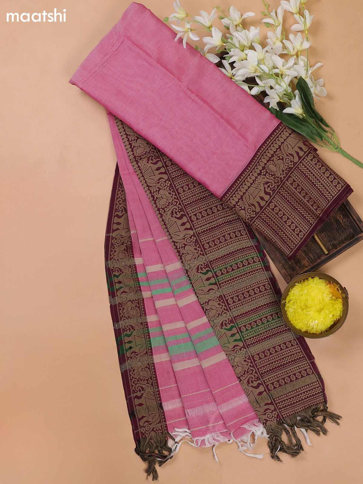 Peach Pink and Magenta Pink Narayanpet Cotton Dress Materials With A Plain Body and Thread Woven Border