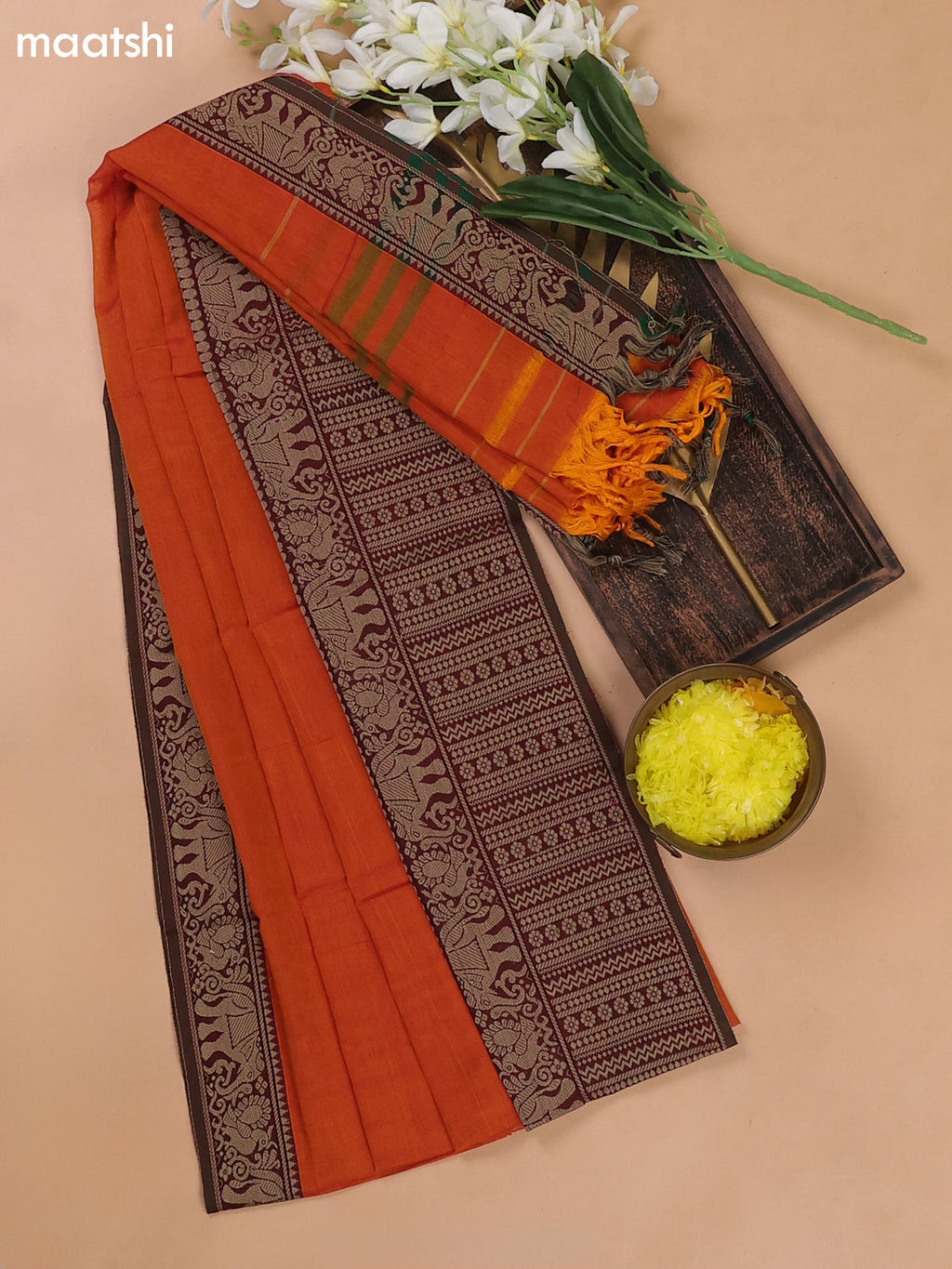Dual-Shade Of Orange and Green Narayanpet Cotton Dress Materials With A Plain Body and Thread Woven Border