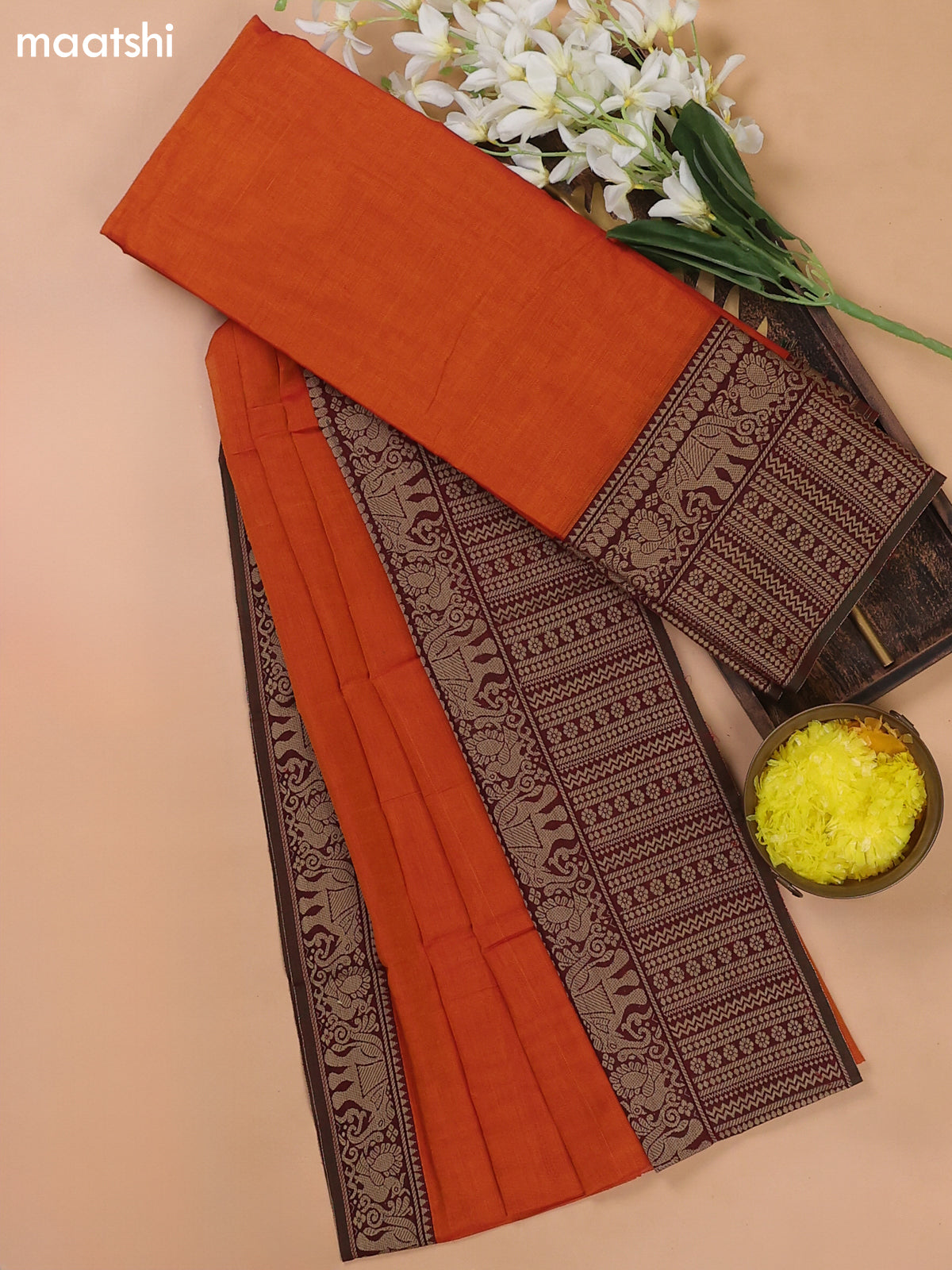 Dual-Shade Of Orange and Green Narayanpet Cotton Dress Materials With A Plain Body and Thread Woven Border