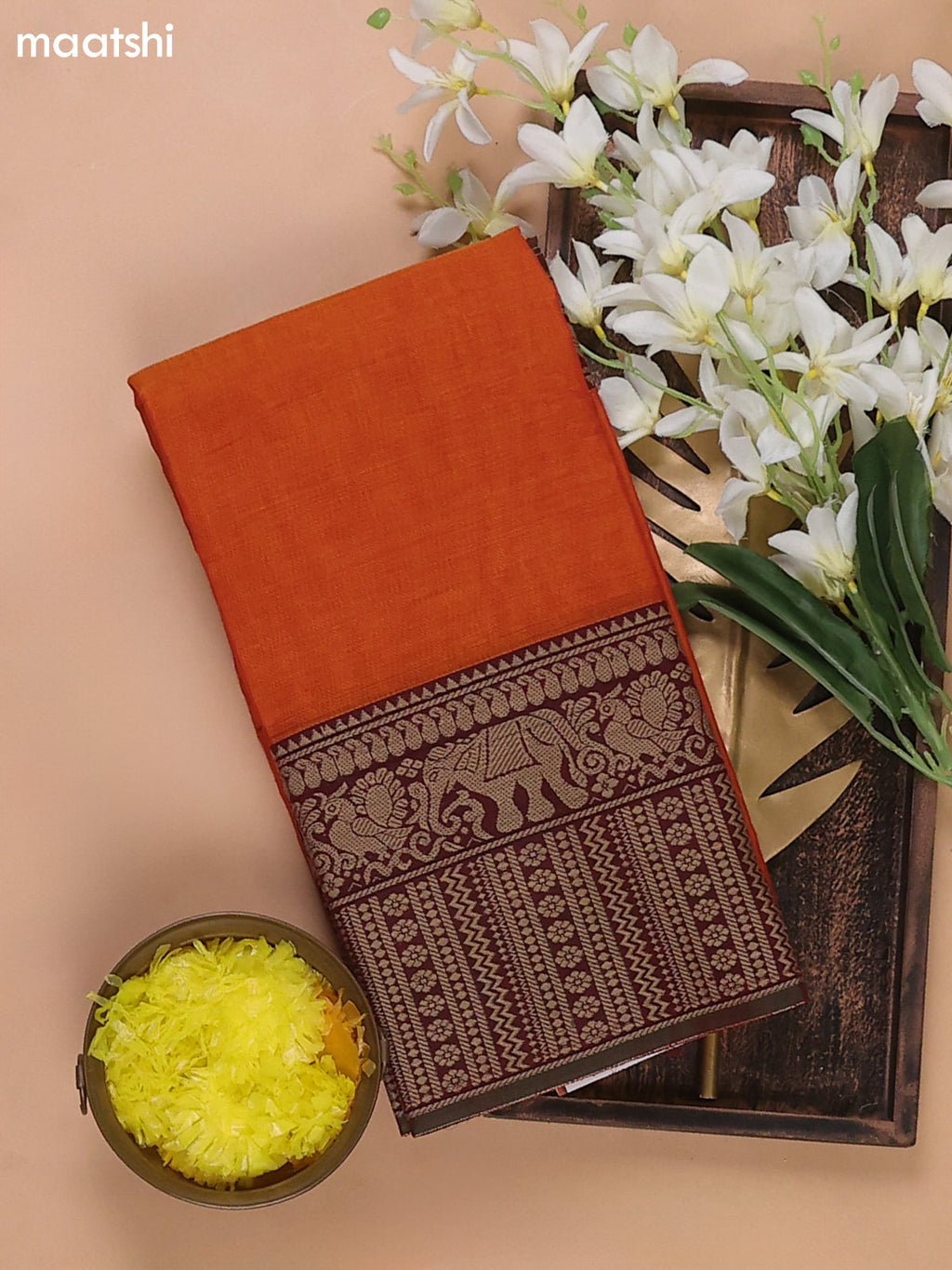 Dual-Shade Of Orange and Green Narayanpet Cotton Dress Materials With A Plain Body and Thread Woven Border