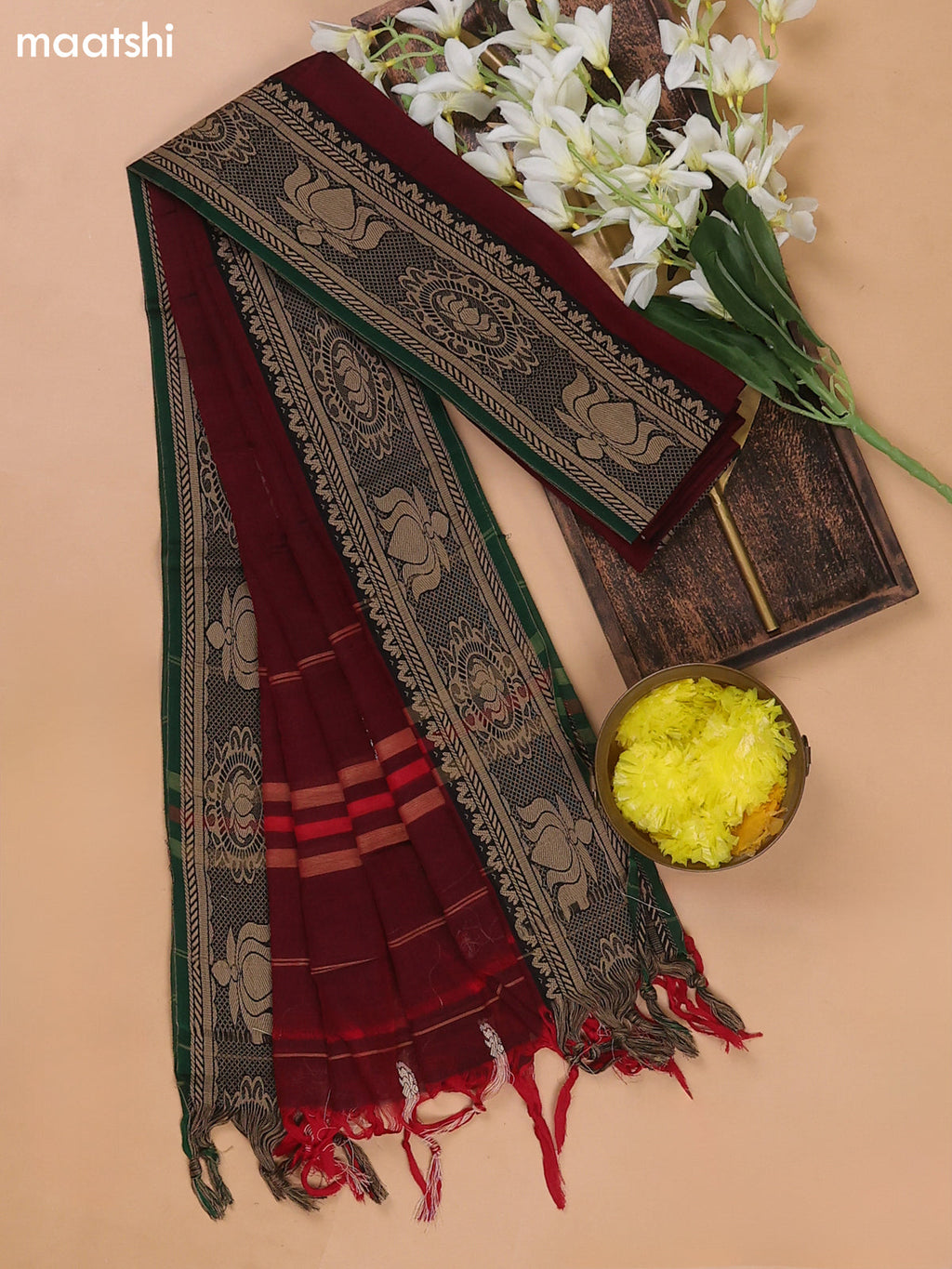 Marron and Green Narayanpet Cotton Dress Materials With Thread Woven Buttas Border