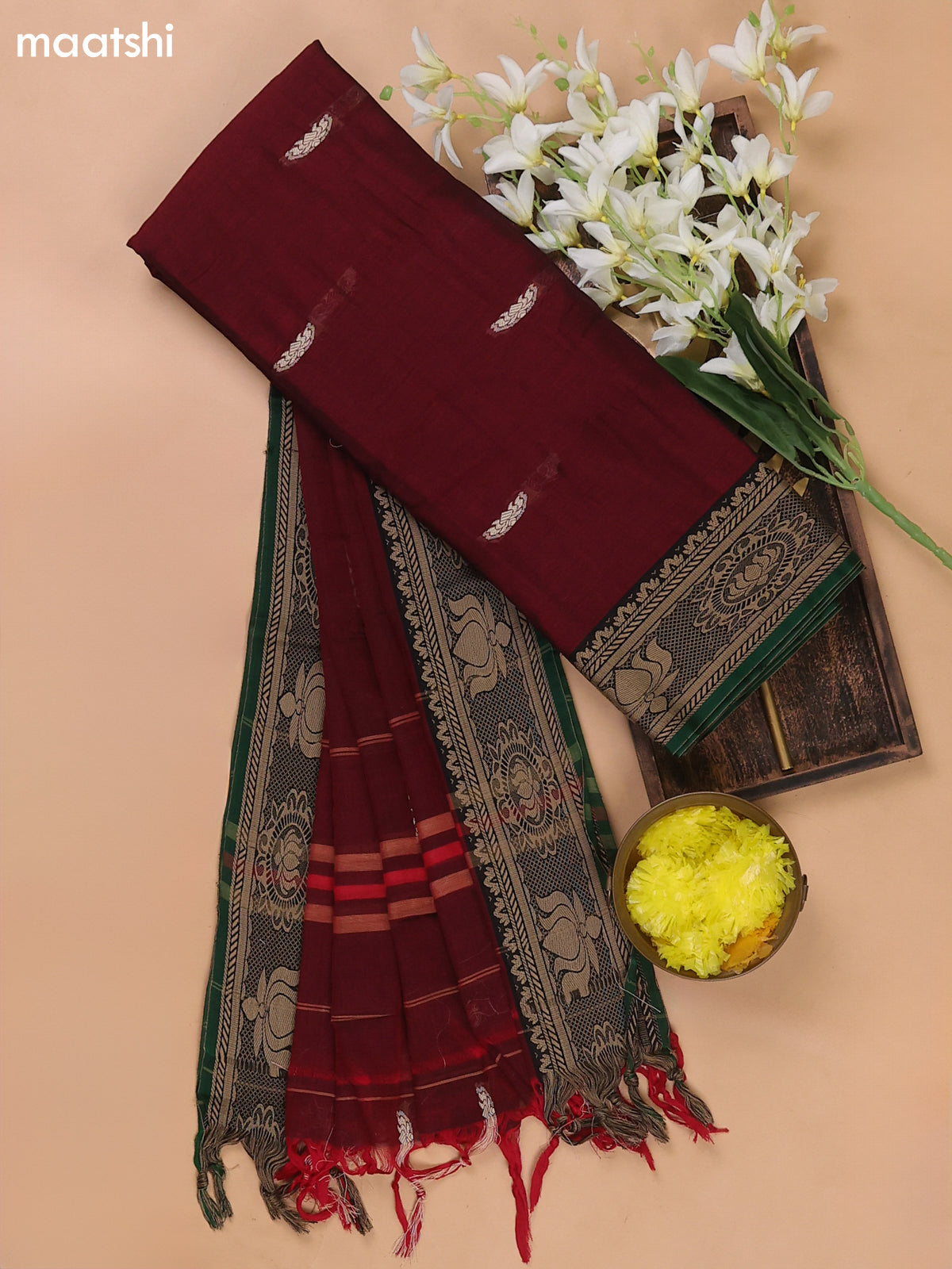Marron and Green Narayanpet Cotton Dress Materials With Thread Woven Buttas Border