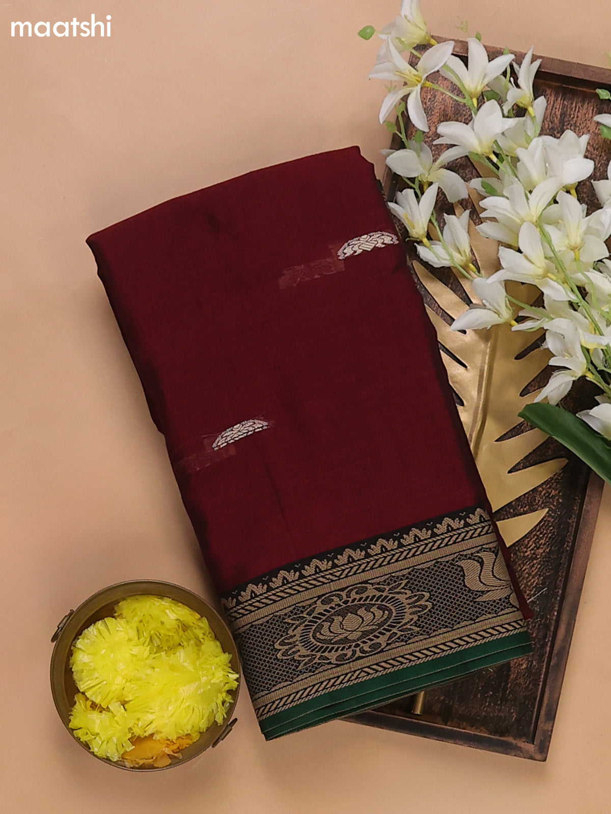 Marron and Green Narayanpet Cotton Dress Materials With Thread Woven Buttas Border