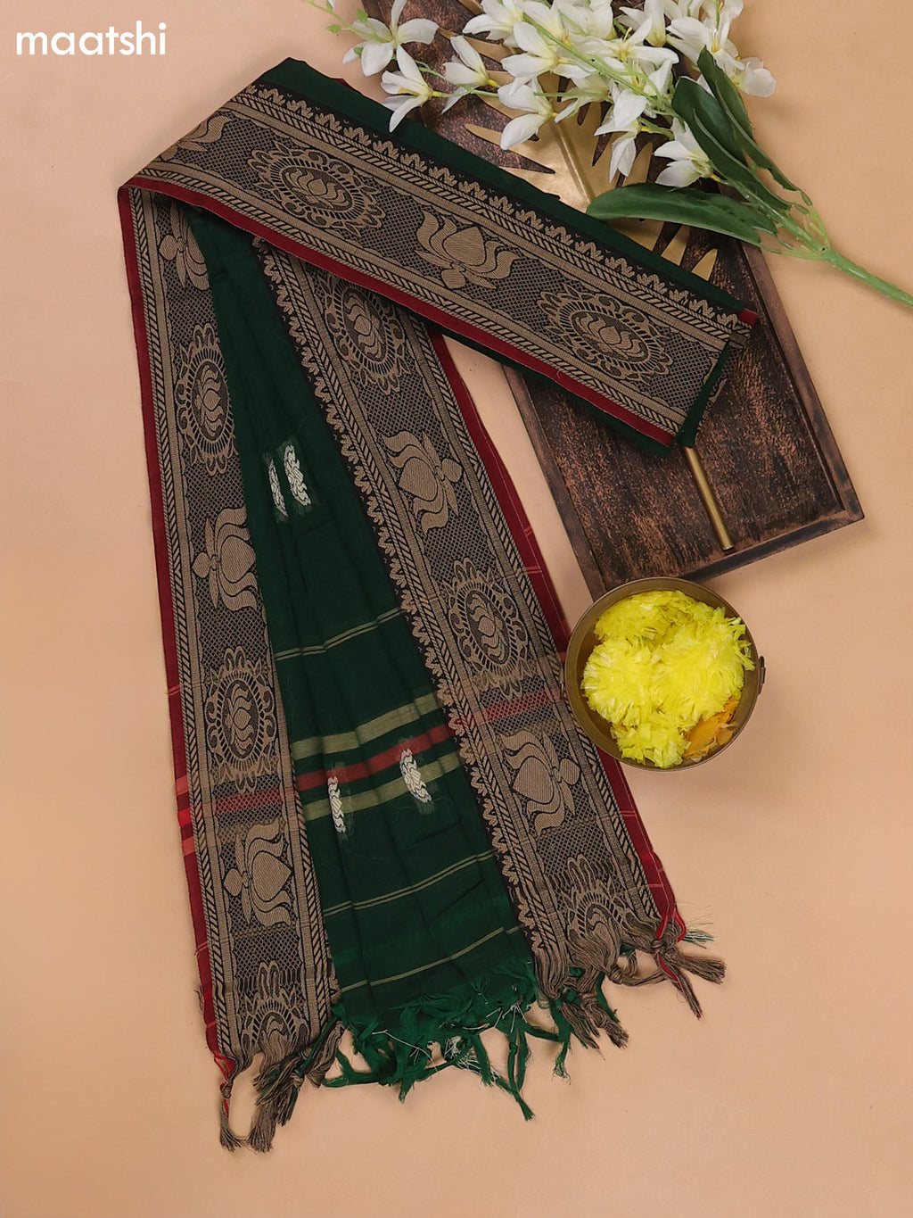 Green and Marron Narayanpet Cotton Dress Materials With Thread Woven Buttas Border