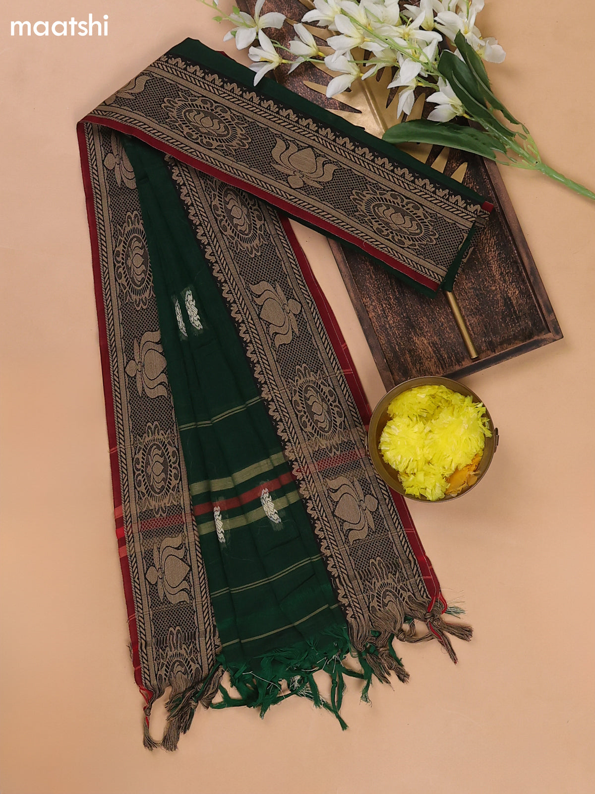 Green and Marron Narayanpet Cotton Dress Materials With Thread Woven Buttas Border