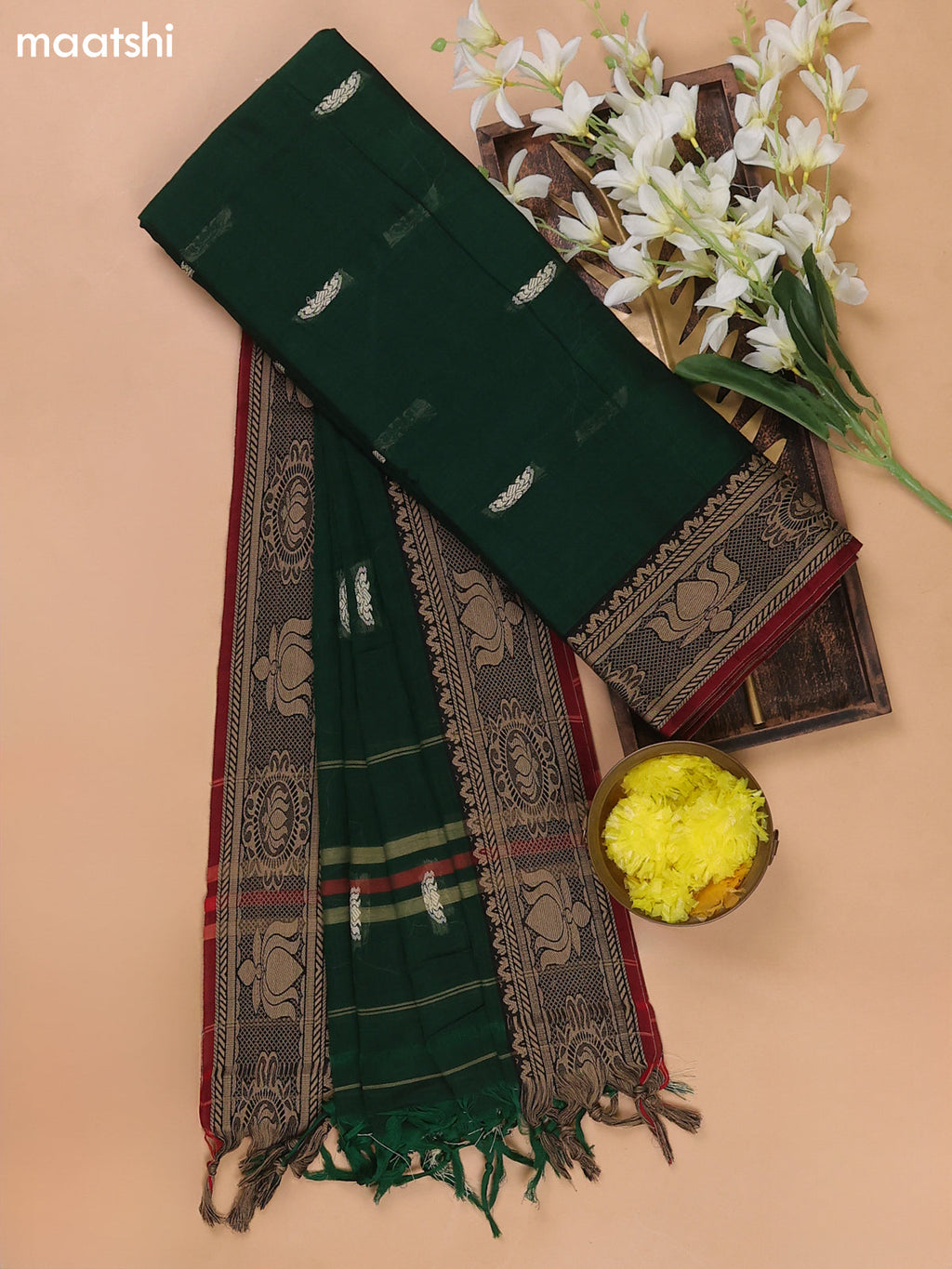 Green and Marron Narayanpet Cotton Dress Materials With Thread Woven Buttas Border