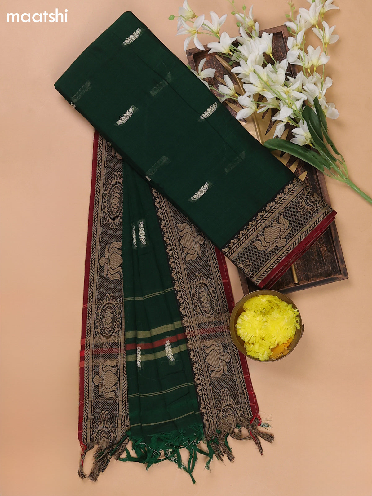 Green and Marron Narayanpet Cotton Dress Materials With Thread Woven Buttas Border