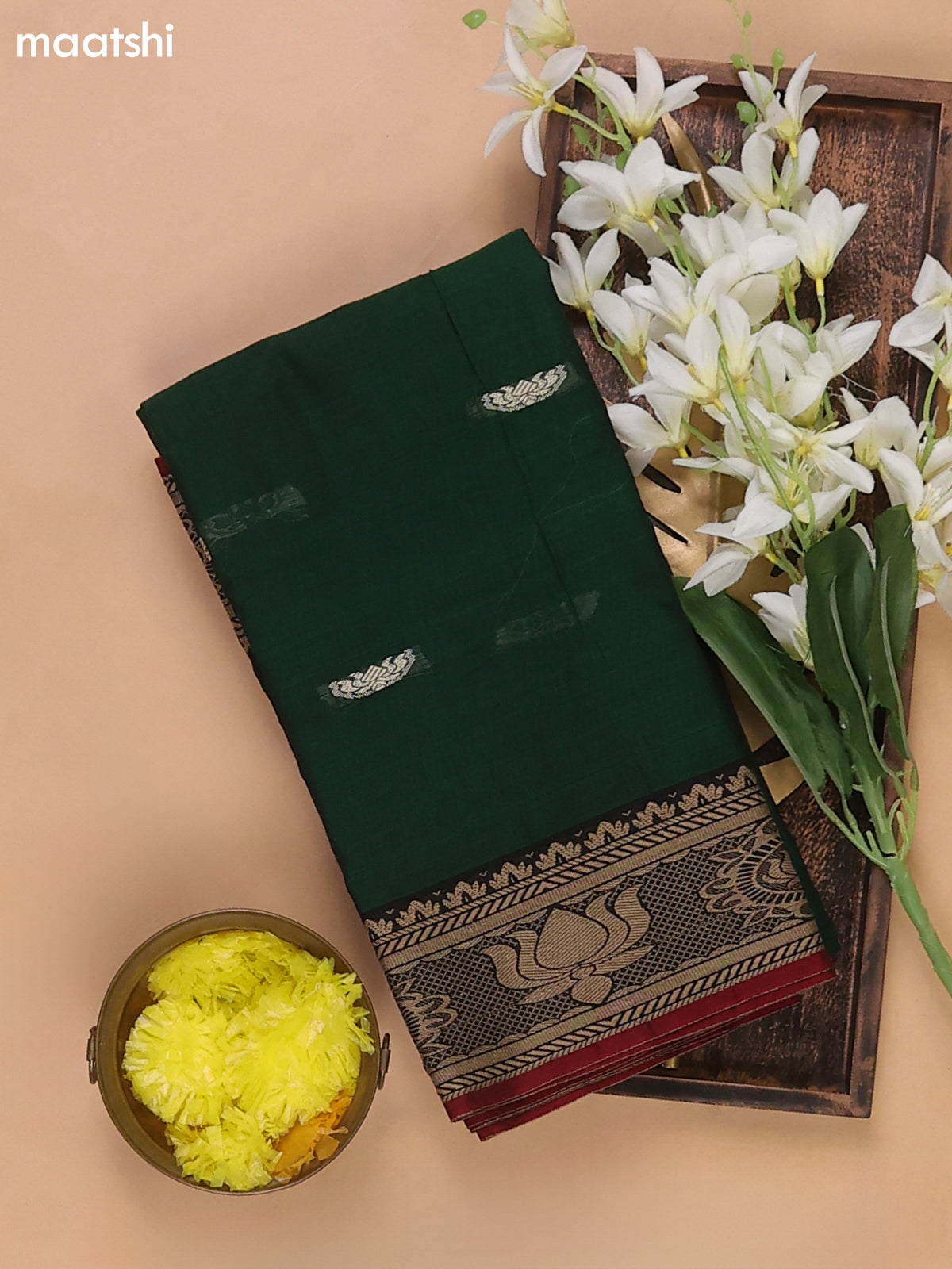 Green and Marron Narayanpet Cotton Dress Materials With Thread Woven Buttas Border