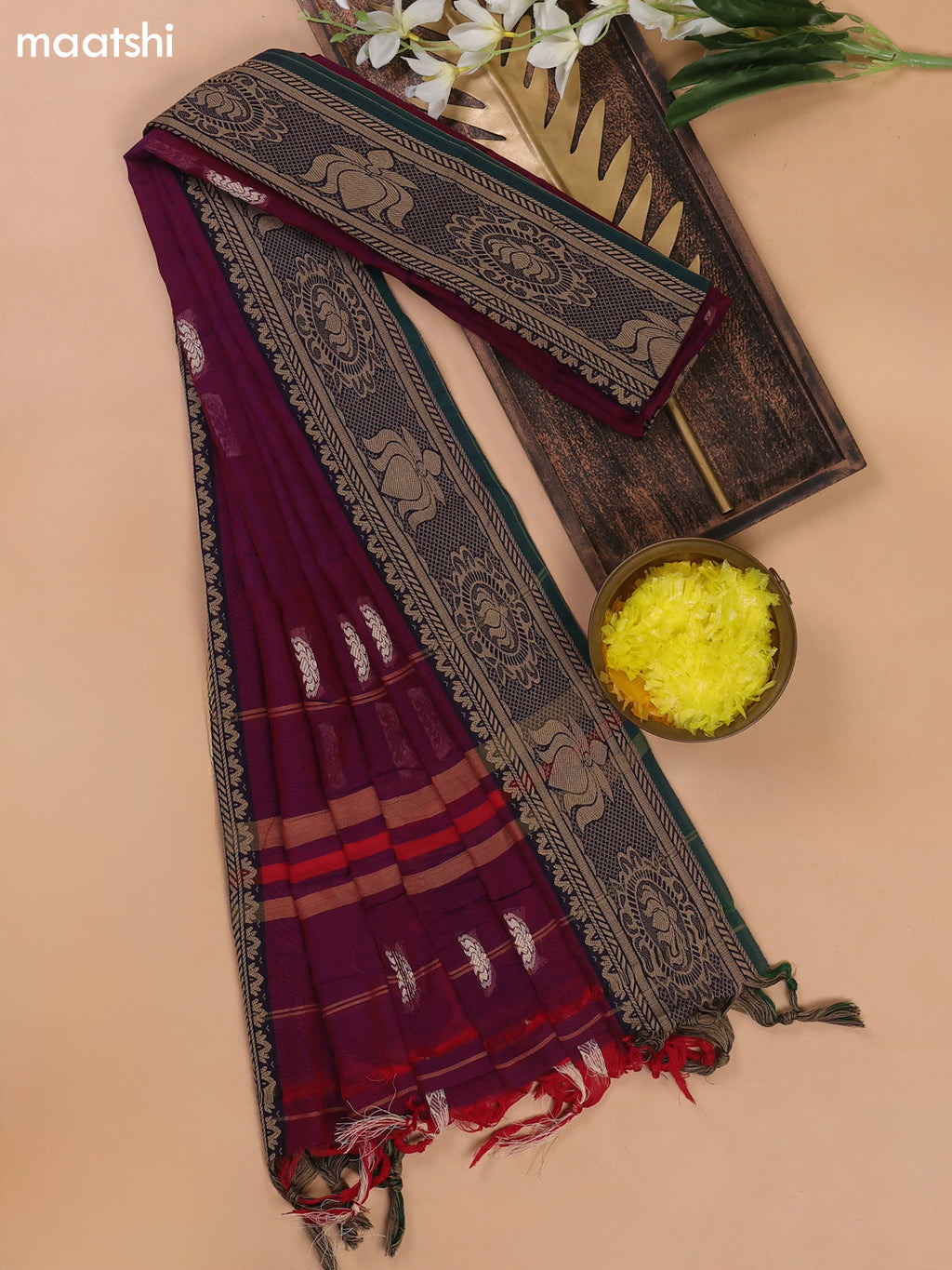 Dual-Shade Of Purple and Green Narayanpet Cotton Dress Materials With Thread Woven Buttas Border