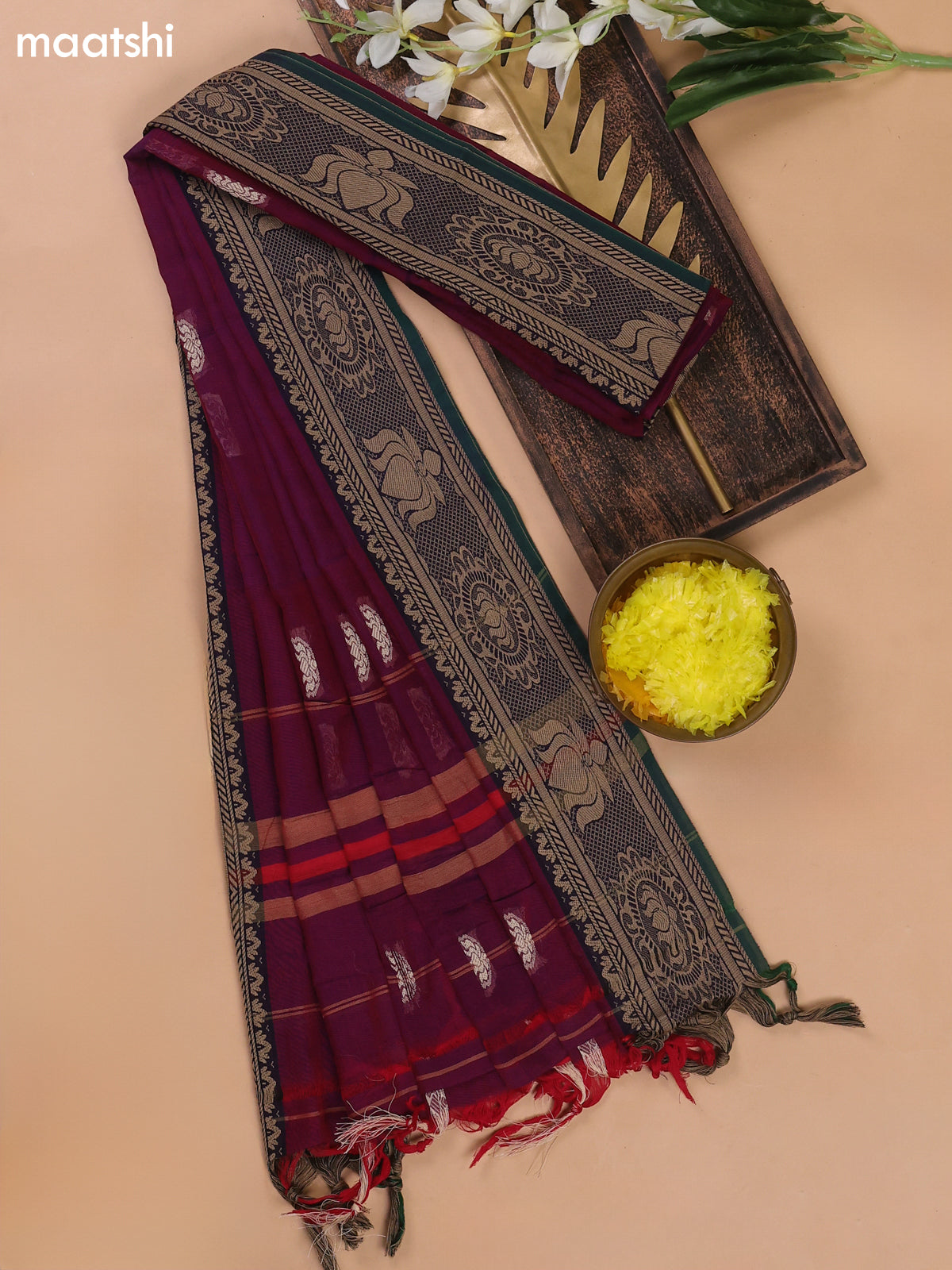 Dual-Shade Of Purple and Green Narayanpet Cotton Dress Materials With Thread Woven Buttas Border